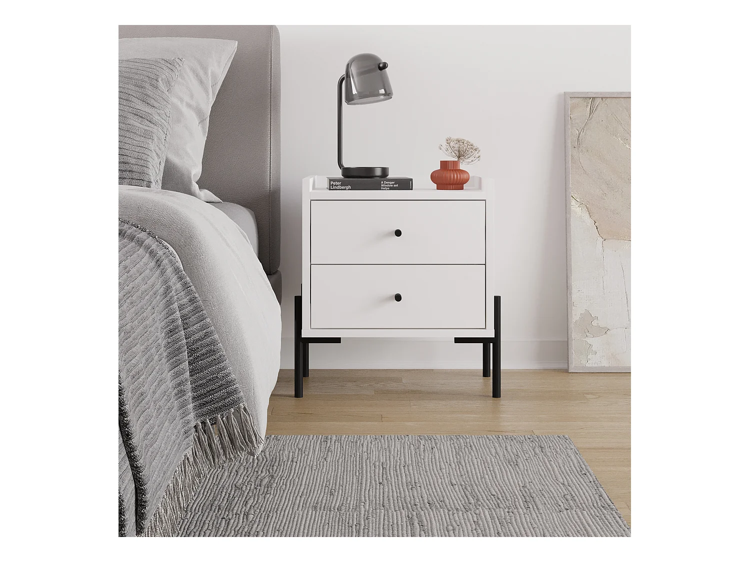 Decortie Table de nuit Malte blanche Decortie avec 2 tiroirs, pieds en métal – Design moderne et compact pour chambre