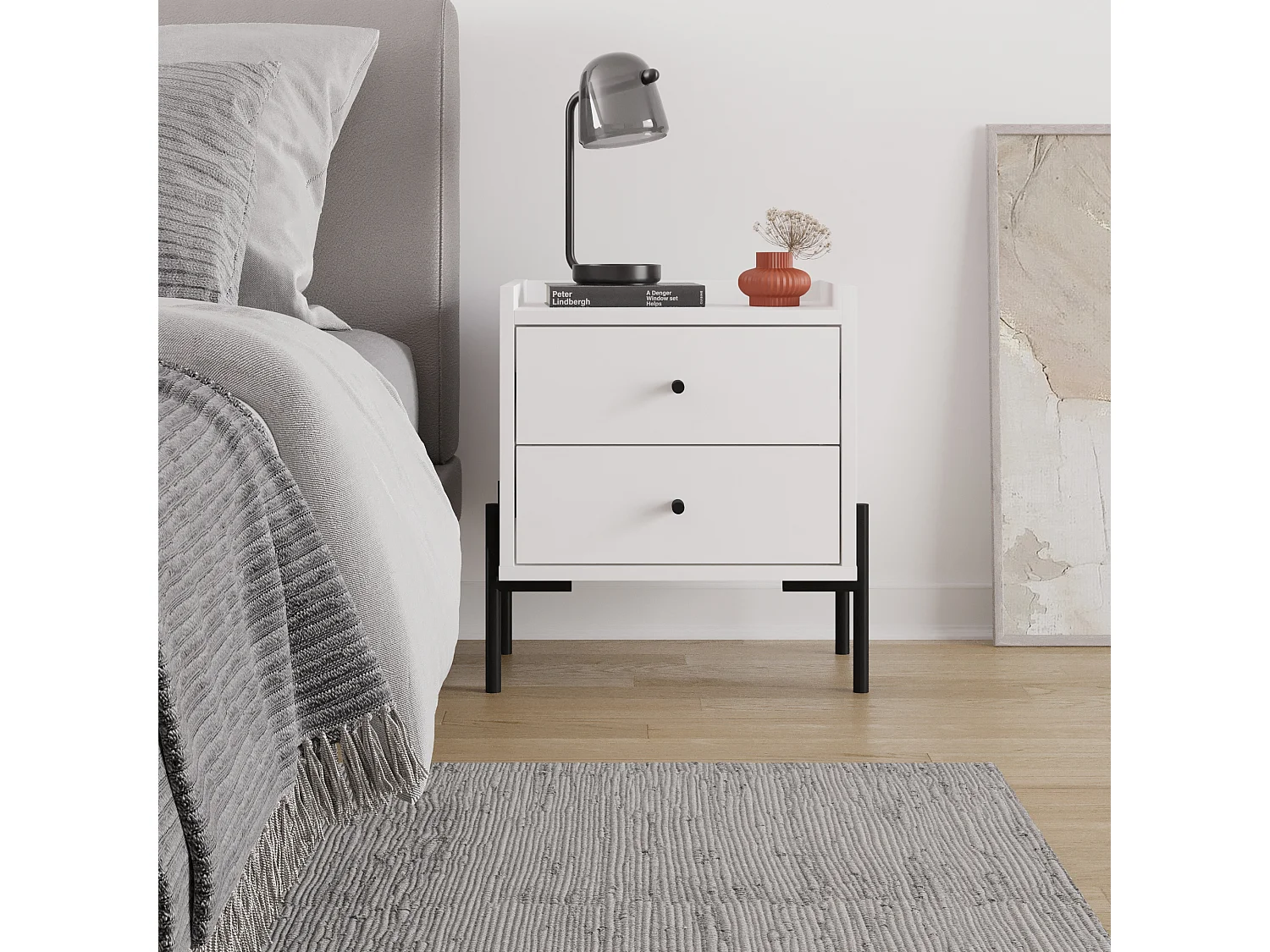 Decortie Table de nuit Malte blanche Decortie avec 2 tiroirs, pieds en métal – Design moderne et compact pour chambre