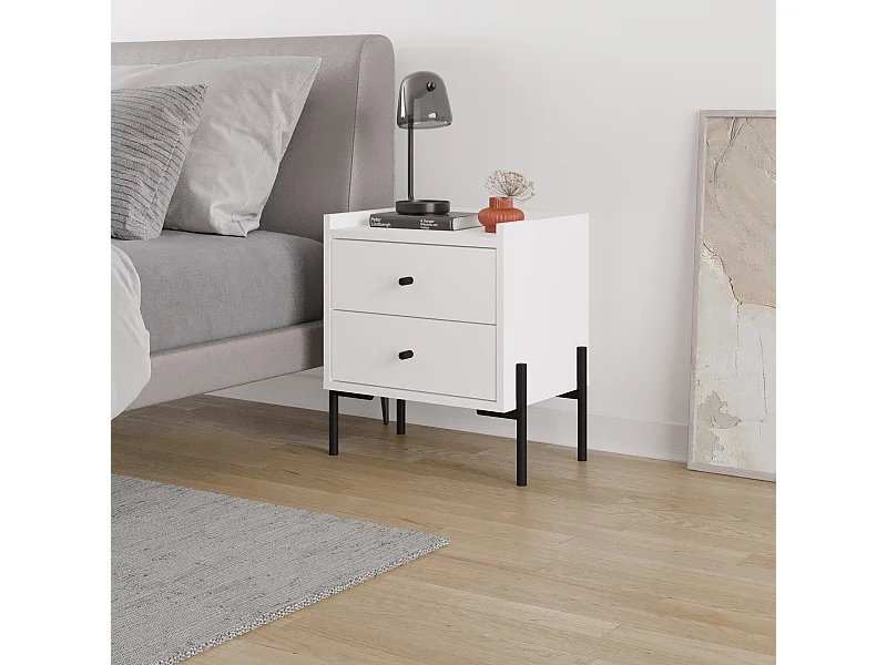 Decortie Table de nuit Malte blanche Decortie avec 2 tiroirs, pieds en métal – Design moderne et compact pour chambre