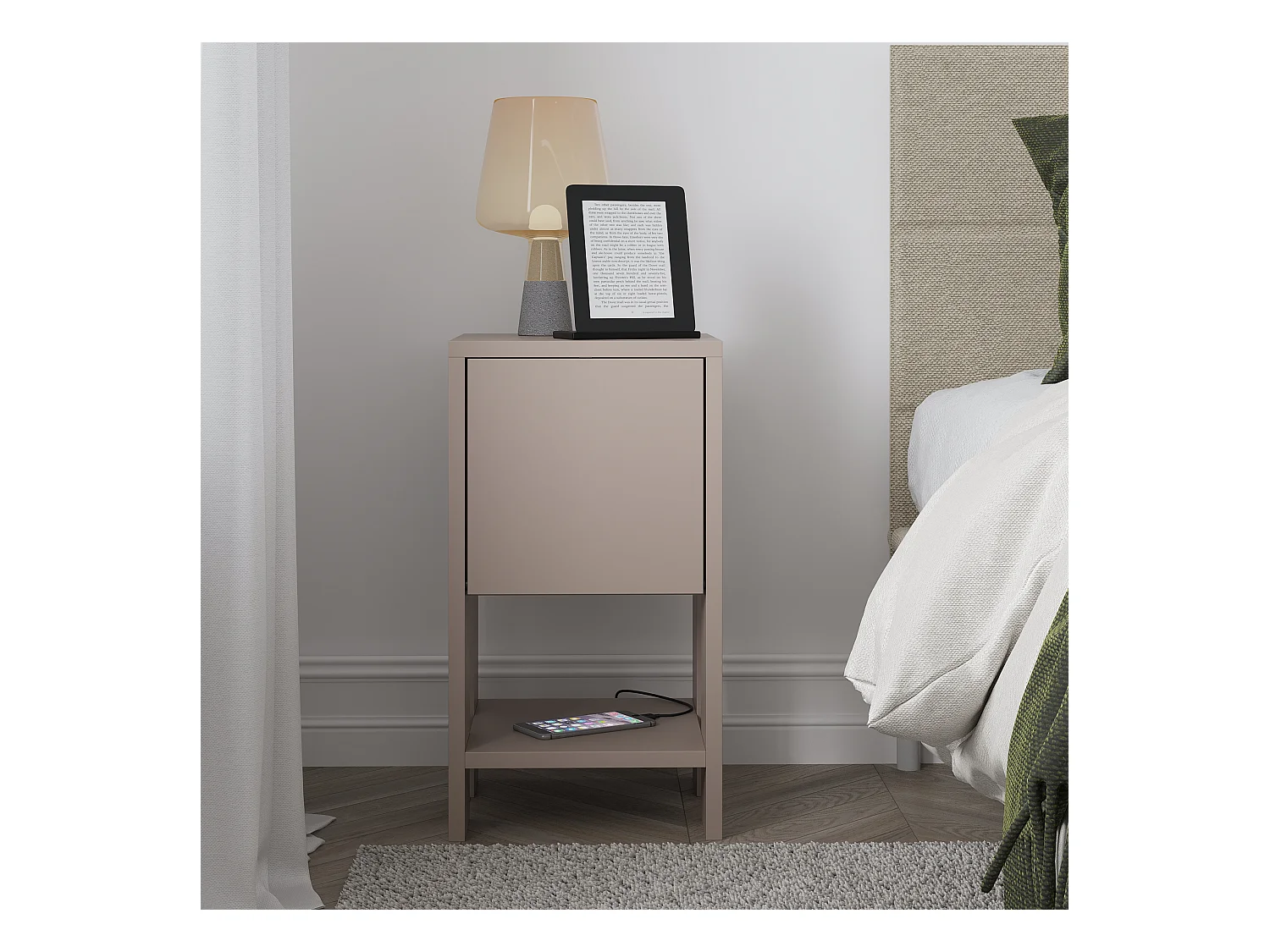 Decortie Ema Table de chevet moderne avec rangement Meuble à porte coulissante Gris moka Largeur 30cm