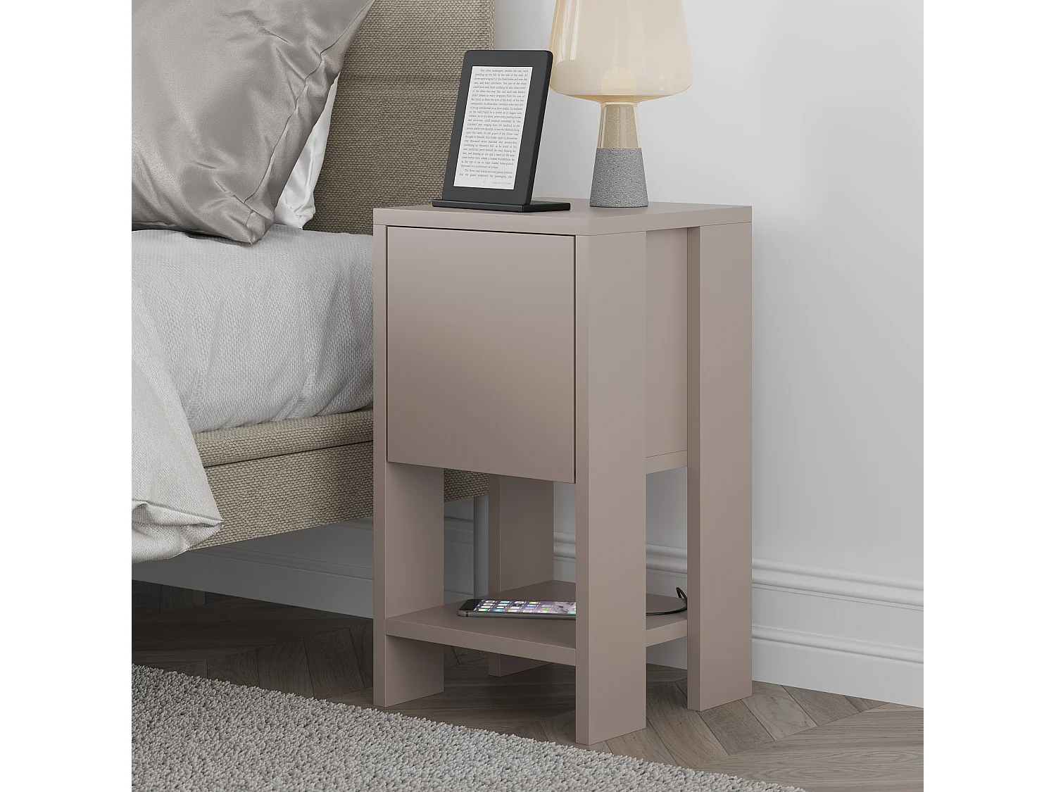 Decortie Ema Table de chevet moderne avec rangement Meuble à porte coulissante Gris moka Largeur 30cm