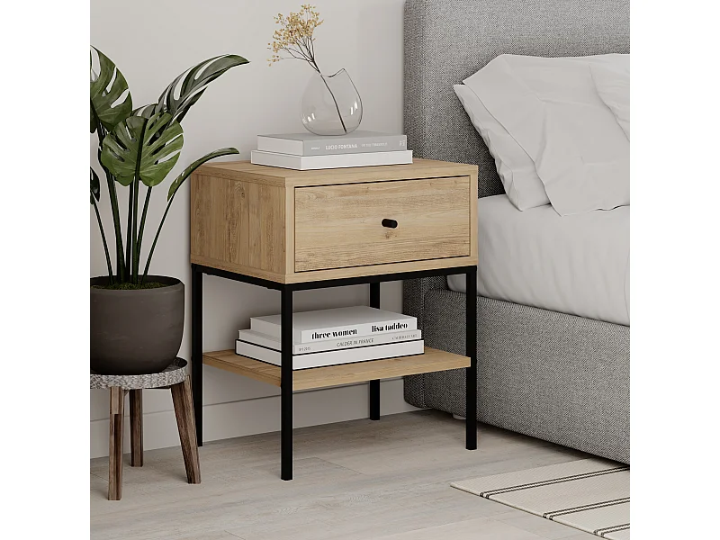 Decortie Table de chevet Lisa moderne Chêne 45(L)x35(P)x56.4(H)cm 1 tiroir et étagère ouverte Table de nuit avec pieds en métal noir Chambre à coucher