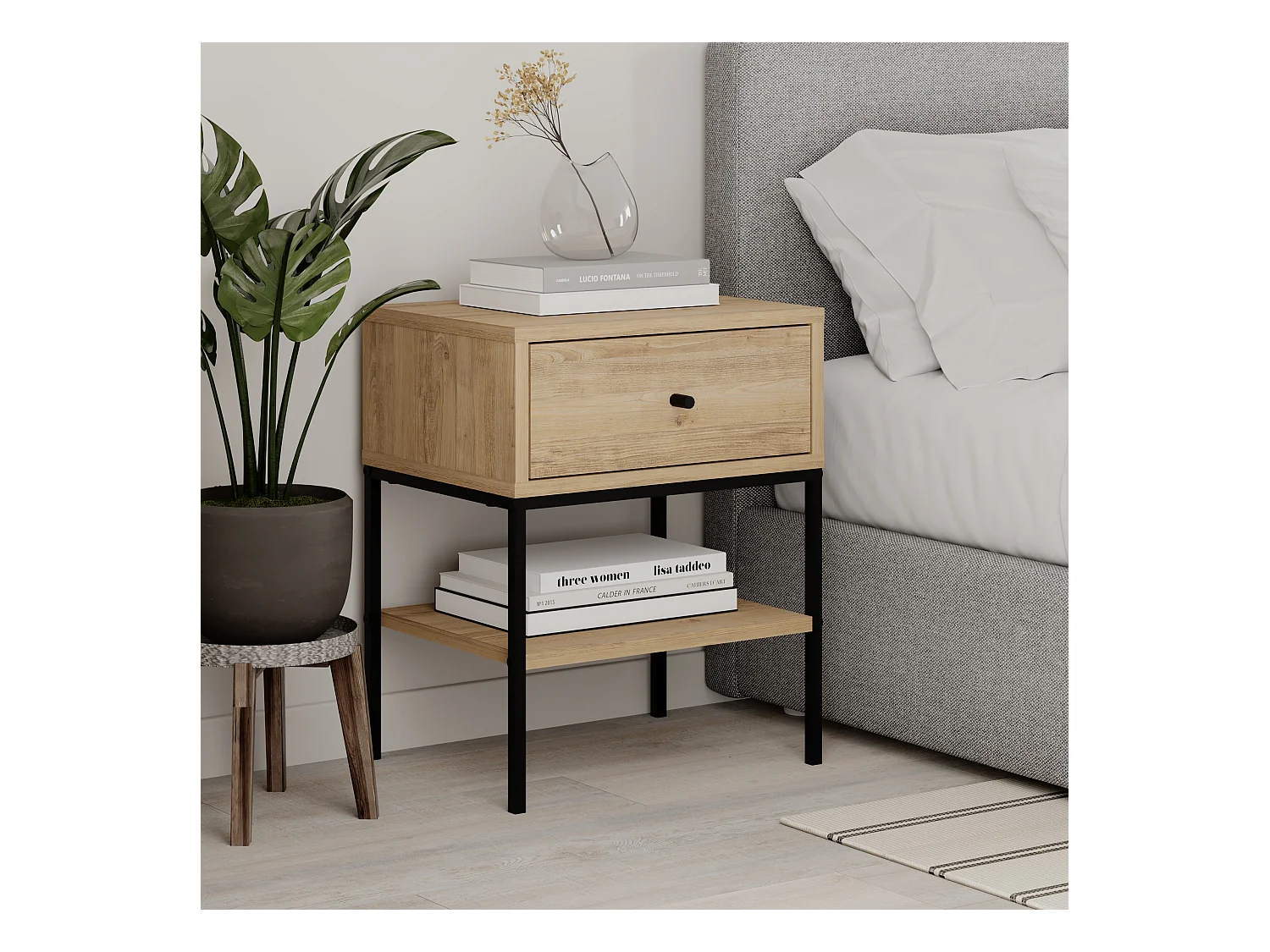 Decortie Table de chevet Lisa moderne Chêne 45(L)x35(P)x56.4(H)cm 1 tiroir et étagère ouverte Table de nuit avec pieds en métal noir Chambre à coucher