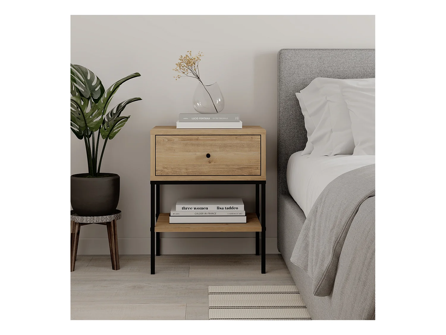 Decortie Table de chevet Lisa moderne Chêne 45(L)x35(P)x56.4(H)cm 1 tiroir et étagère ouverte Table de nuit avec pieds en métal noir Chambre à coucher