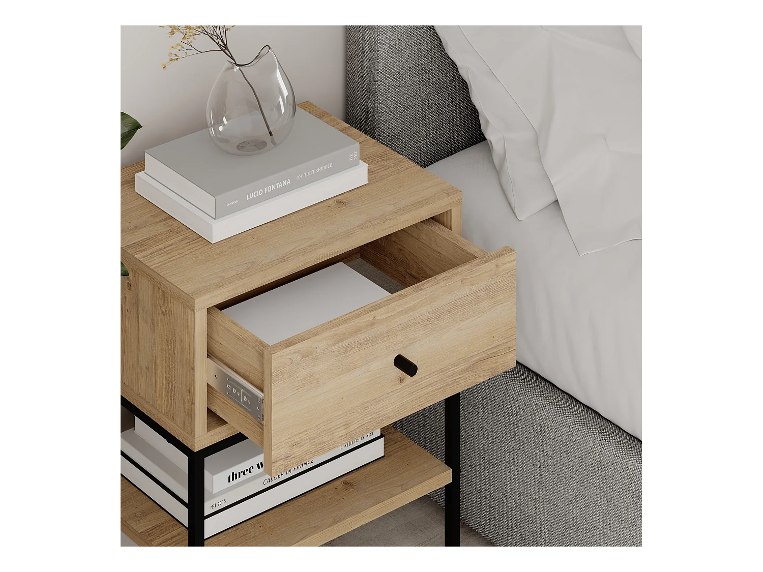 Decortie Table de chevet Lisa moderne Chêne 45(L)x35(P)x56.4(H)cm 1 tiroir et étagère ouverte Table de nuit avec pieds en métal noir Chambre à coucher