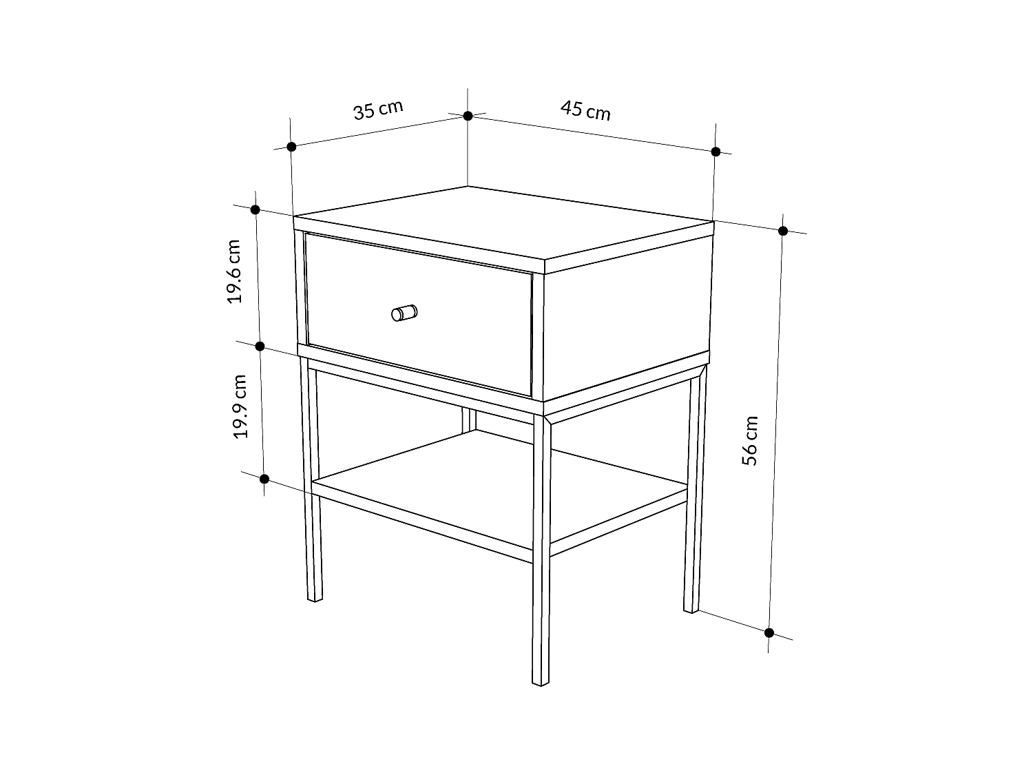 Decortie Table de chevet Lisa moderne Chêne 45(L)x35(P)x56.4(H)cm 1 tiroir et étagère ouverte Table de nuit avec pieds en métal noir Chambre à coucher