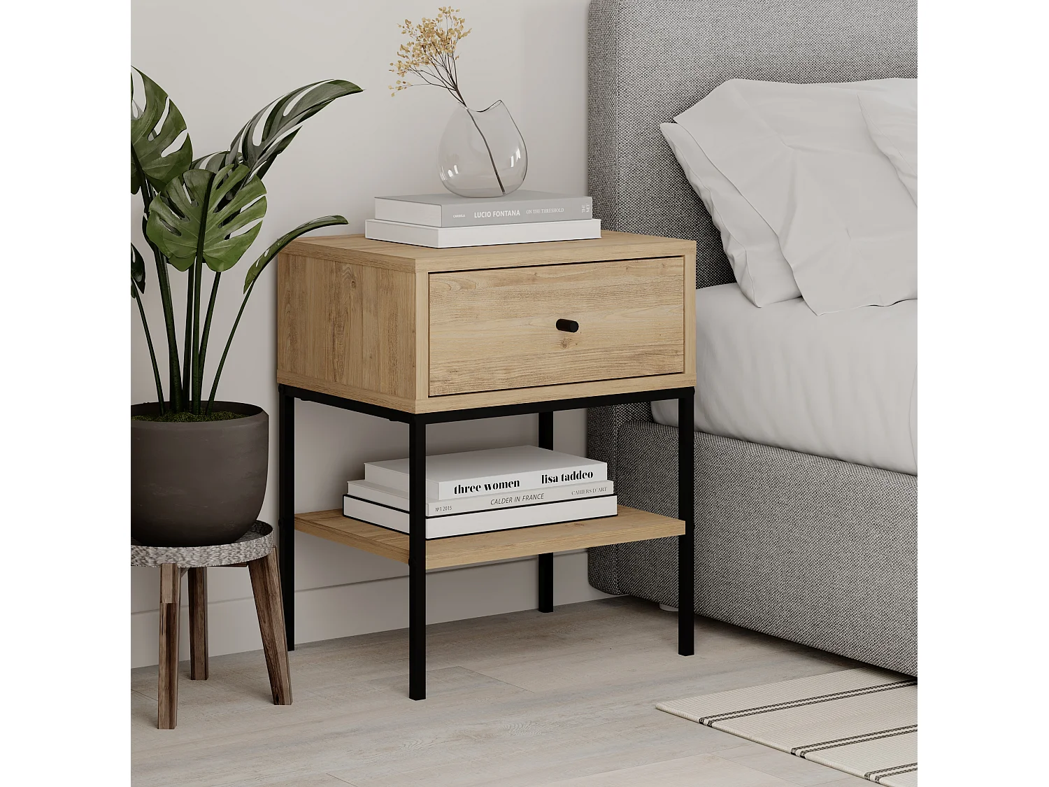 Decortie Table de chevet Lisa moderne Chêne 45(L)x35(P)x56.4(H)cm 1 tiroir et étagère ouverte Table de nuit avec pieds en métal noir Chambre à coucher