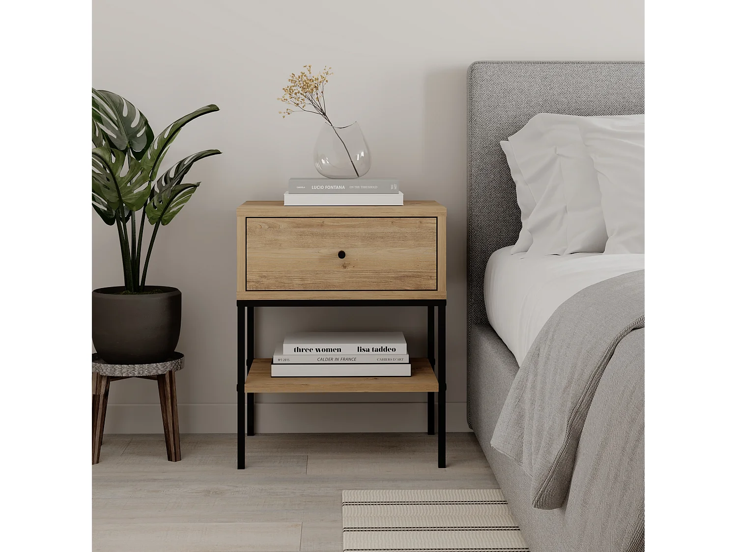 Decortie Table de chevet Lisa moderne Chêne 45(L)x35(P)x56.4(H)cm 1 tiroir et étagère ouverte Table de nuit avec pieds en métal noir Chambre à coucher