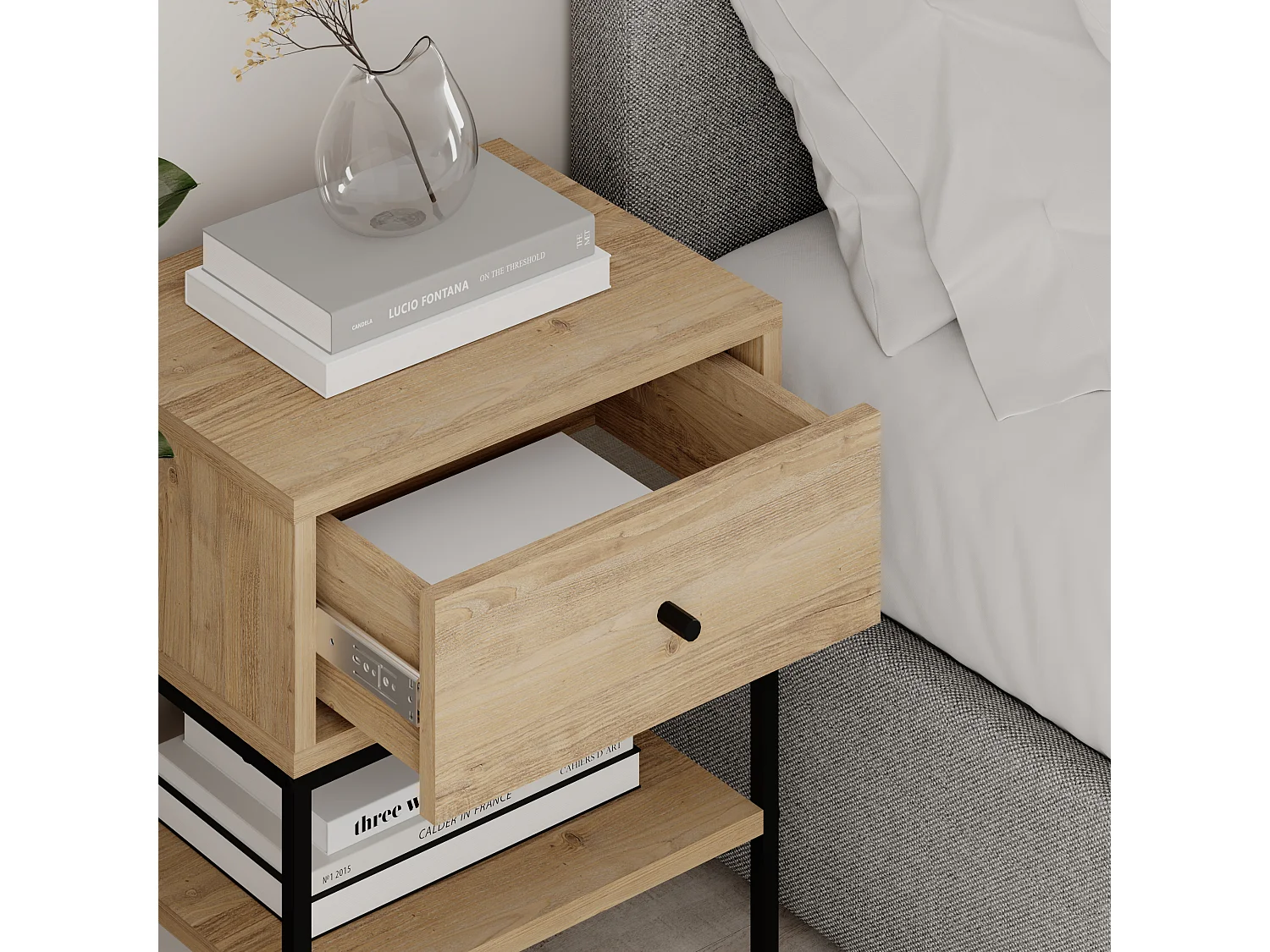 Decortie Table de chevet Lisa moderne Chêne 45(L)x35(P)x56.4(H)cm 1 tiroir et étagère ouverte Table de nuit avec pieds en métal noir Chambre à coucher