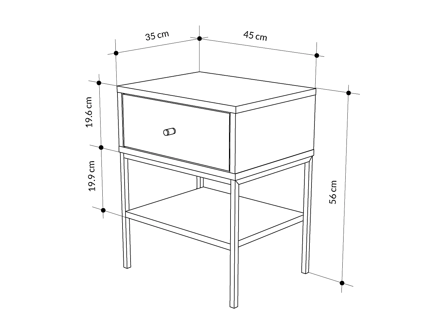 Decortie Table de chevet Lisa moderne Chêne 45(L)x35(P)x56.4(H)cm 1 tiroir et étagère ouverte Table de nuit avec pieds en métal noir Chambre à coucher