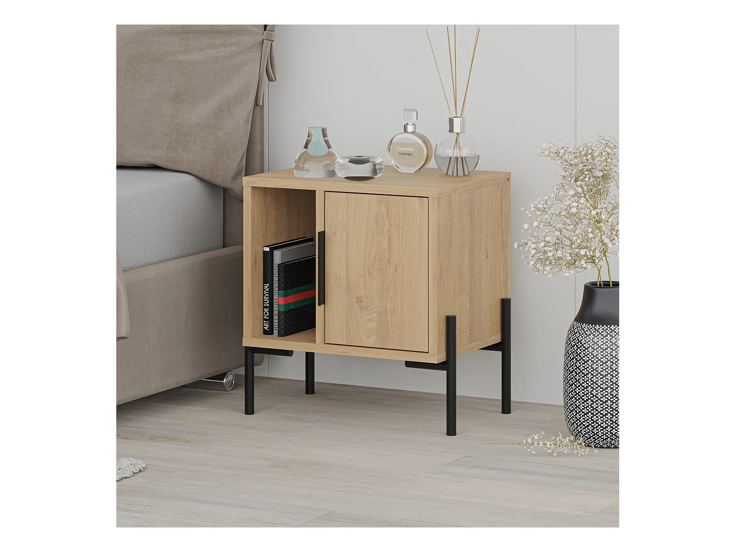 Decortie Modern Glynn Bedside Table Oak w/Black Metal T Legs 48(D)cm Nightstand 1-Door Storage Cabinet Metal Handle Bedroom Home