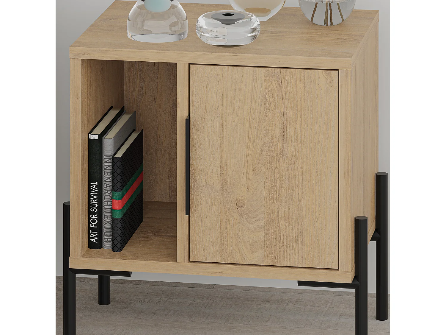 Decortie Modern Glynn Bedside Table Oak w/Black Metal T Legs 48(D)cm Nightstand 1-Door Storage Cabinet Metal Handle Bedroom Home