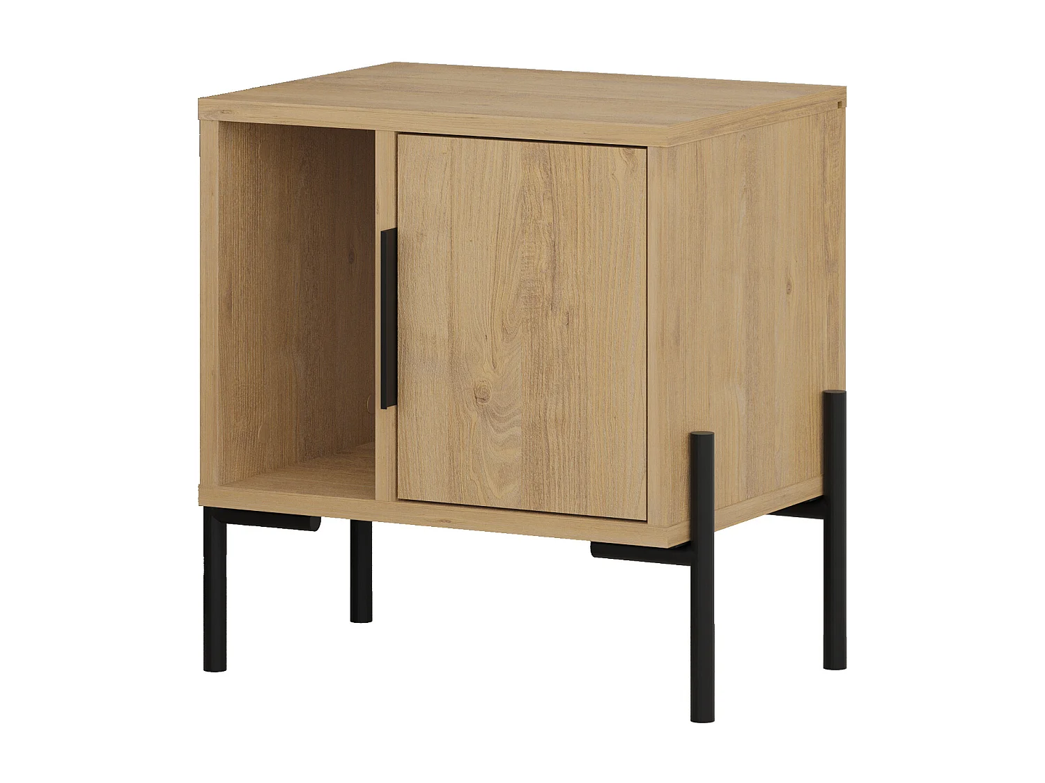 Decortie Modern Glynn Bedside Table Oak w/Black Metal T Legs 48(D)cm Nightstand 1-Door Storage Cabinet Metal Handle Bedroom Home