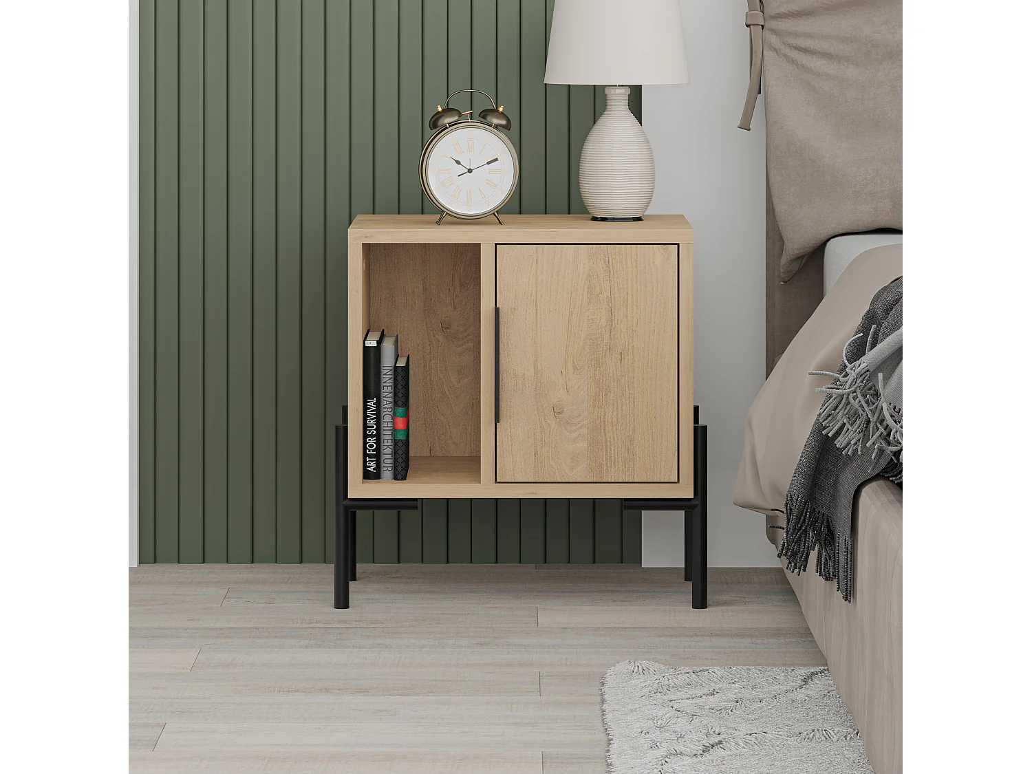 Decortie Modern Glynn Bedside Table Oak w/Black Metal T Legs 48(D)cm Nightstand 1-Door Storage Cabinet Metal Handle Bedroom Home