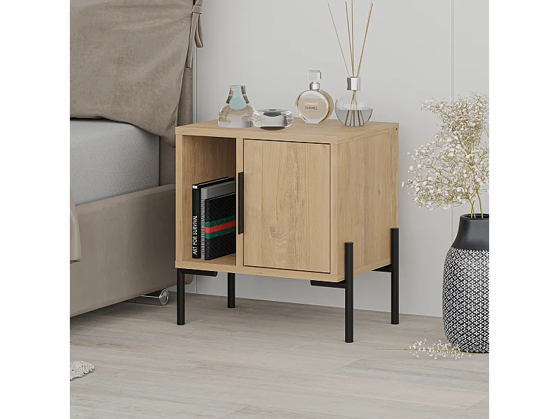 Decortie Modern Glynn Bedside Table Oak w/Black Metal T Legs 48(D)cm Nightstand 1-Door Storage Cabinet Metal Handle Bedroom Home