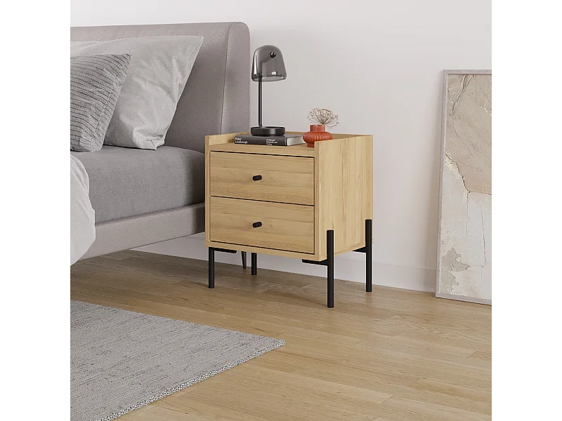 Decortie Table de nuit Malte chêne Decortie avec 2 tiroirs, pieds en métal – Meuble moderne et fonctionnel pour la chambre