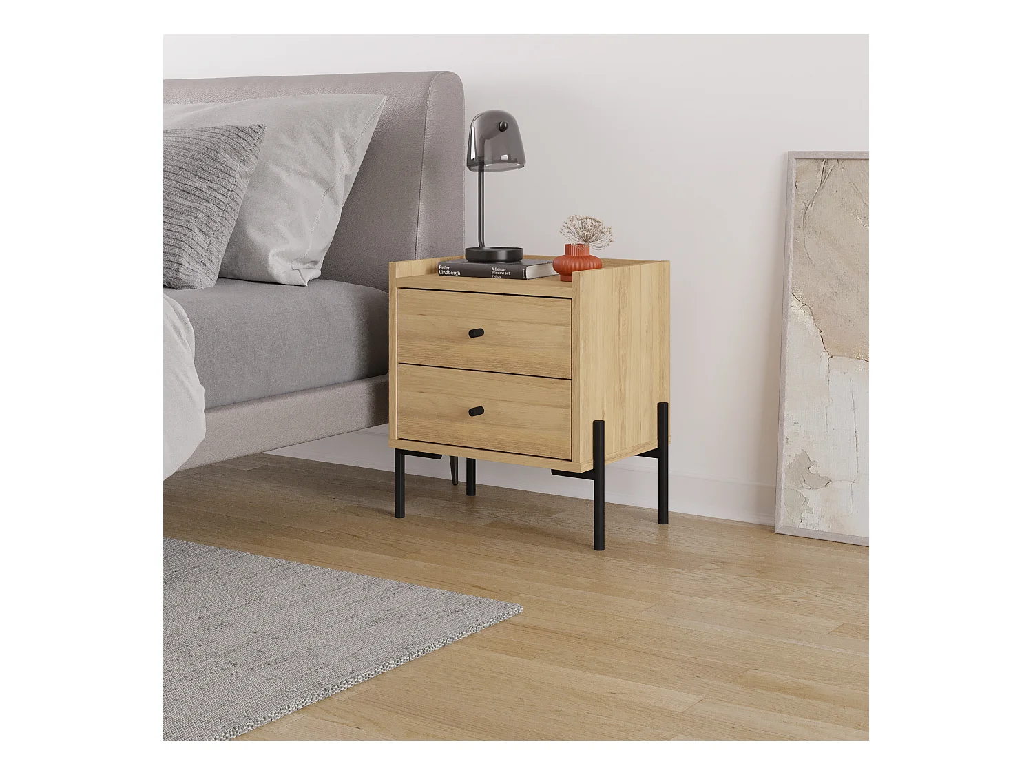 Decortie Table de nuit Malte chêne Decortie avec 2 tiroirs, pieds en métal – Meuble moderne et fonctionnel pour la chambre