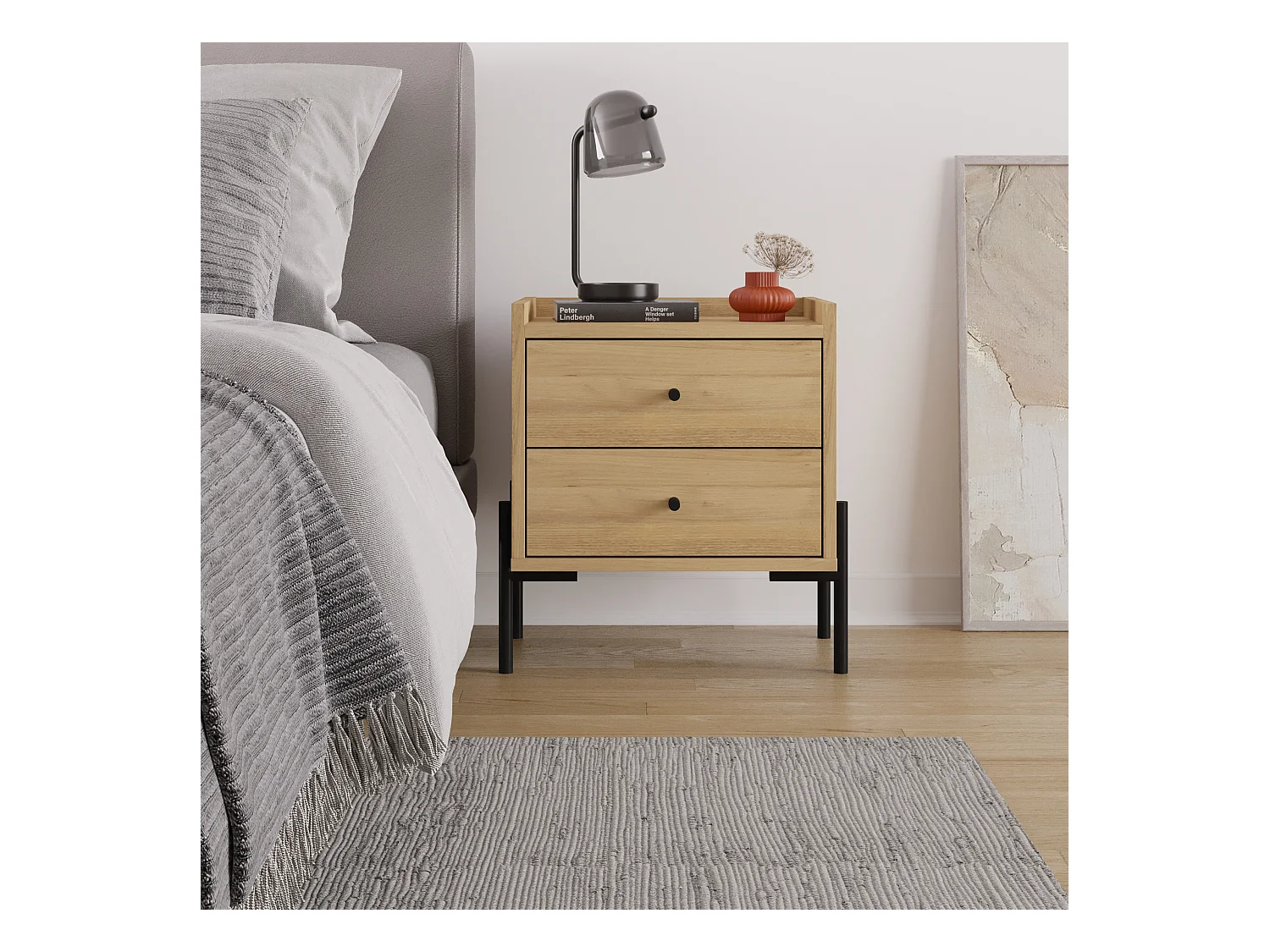 Decortie Table de nuit Malte chêne Decortie avec 2 tiroirs, pieds en métal – Meuble moderne et fonctionnel pour la chambre