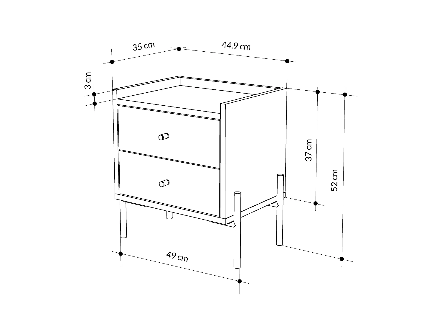 Decortie Table de nuit Malte chêne Decortie avec 2 tiroirs, pieds en métal – Meuble moderne et fonctionnel pour la chambre