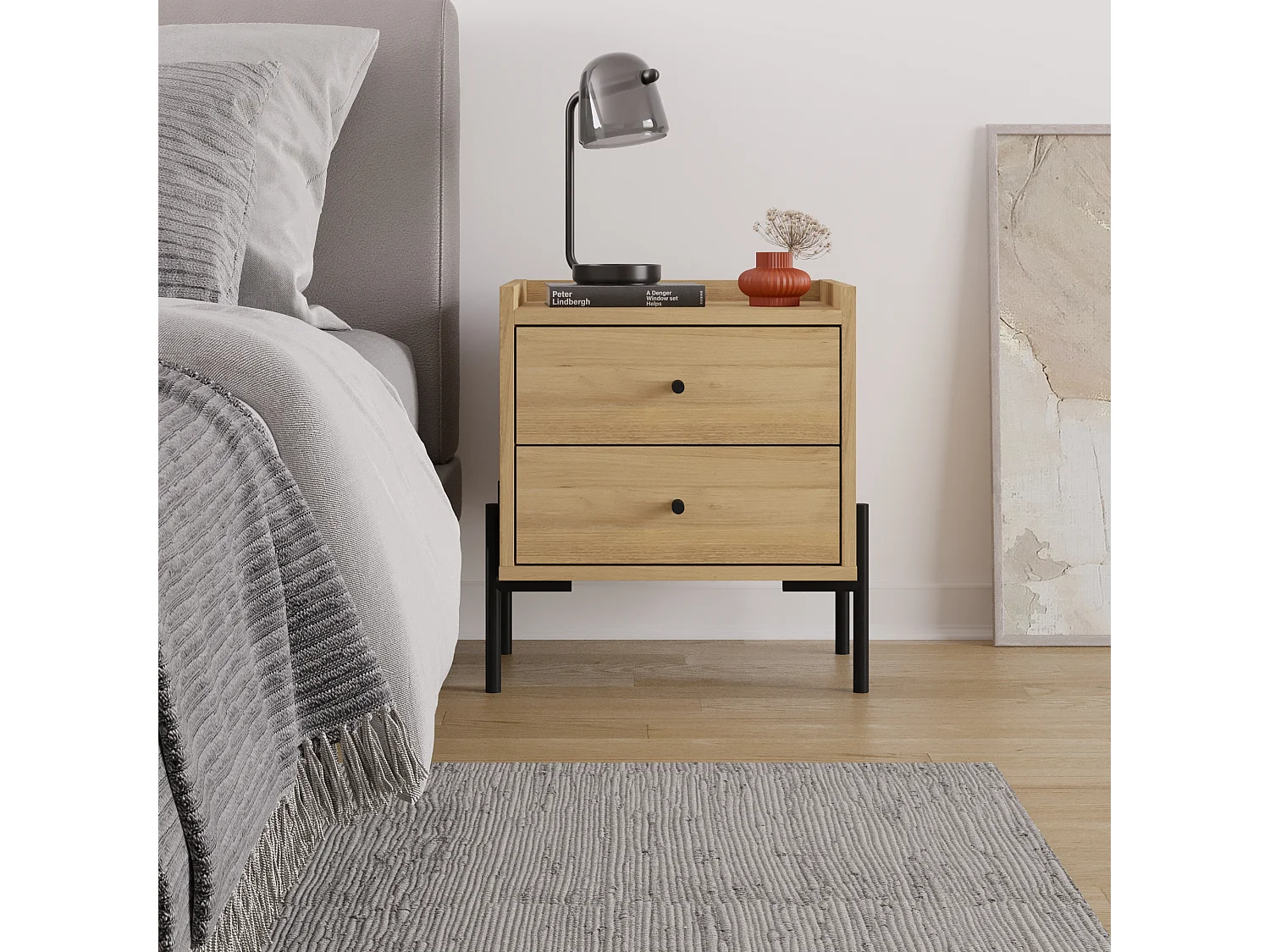 Decortie Table de nuit Malte chêne Decortie avec 2 tiroirs, pieds en métal – Meuble moderne et fonctionnel pour la chambre