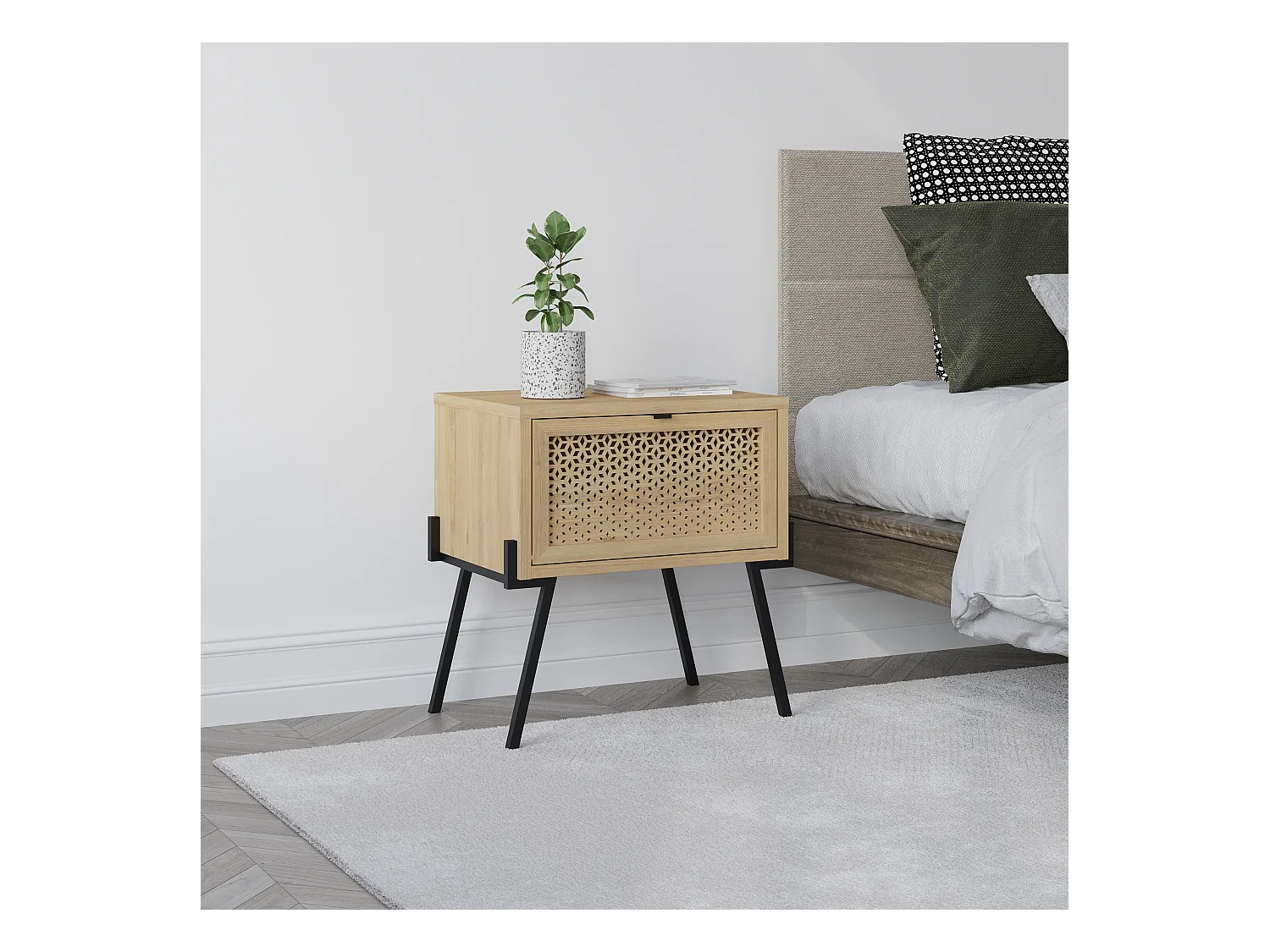 Decortie Table de chevet moderne naïve à rabat découpé au laser avec poignée et pieds en métal minimaliste Meuble de rangement Table de nuit 48.2(L)cm