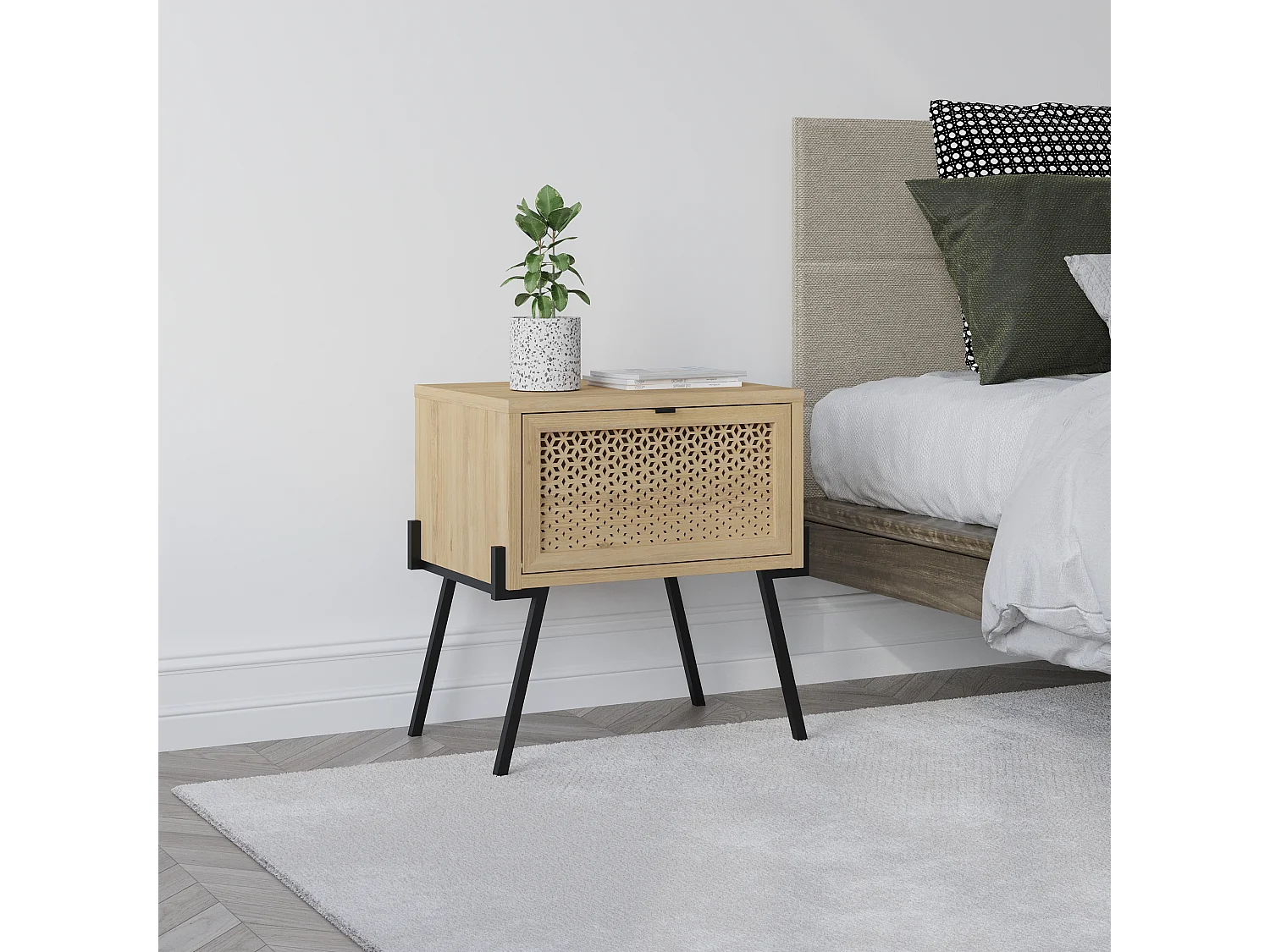 Decortie Table de chevet moderne naïve à rabat découpé au laser avec poignée et pieds en métal minimaliste Meuble de rangement Table de nuit 48.2(L)cm