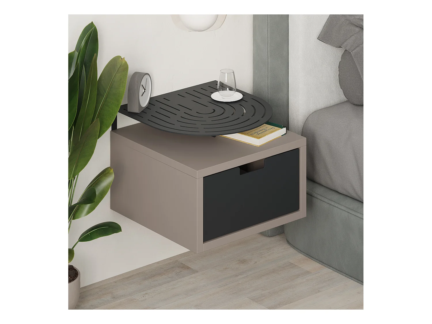 Decortie Modern Oslo Mocha Grey Nightstand with Drawer Engineered Wood with Metal Shelf Bedside Table