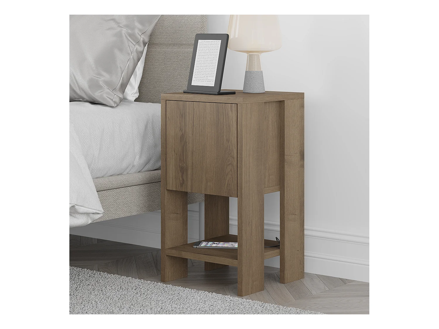 Decortie Ema Table de chevet moderne avec rangement Armoire à portes abattantes Effet chêne foncé Largeur 30cm