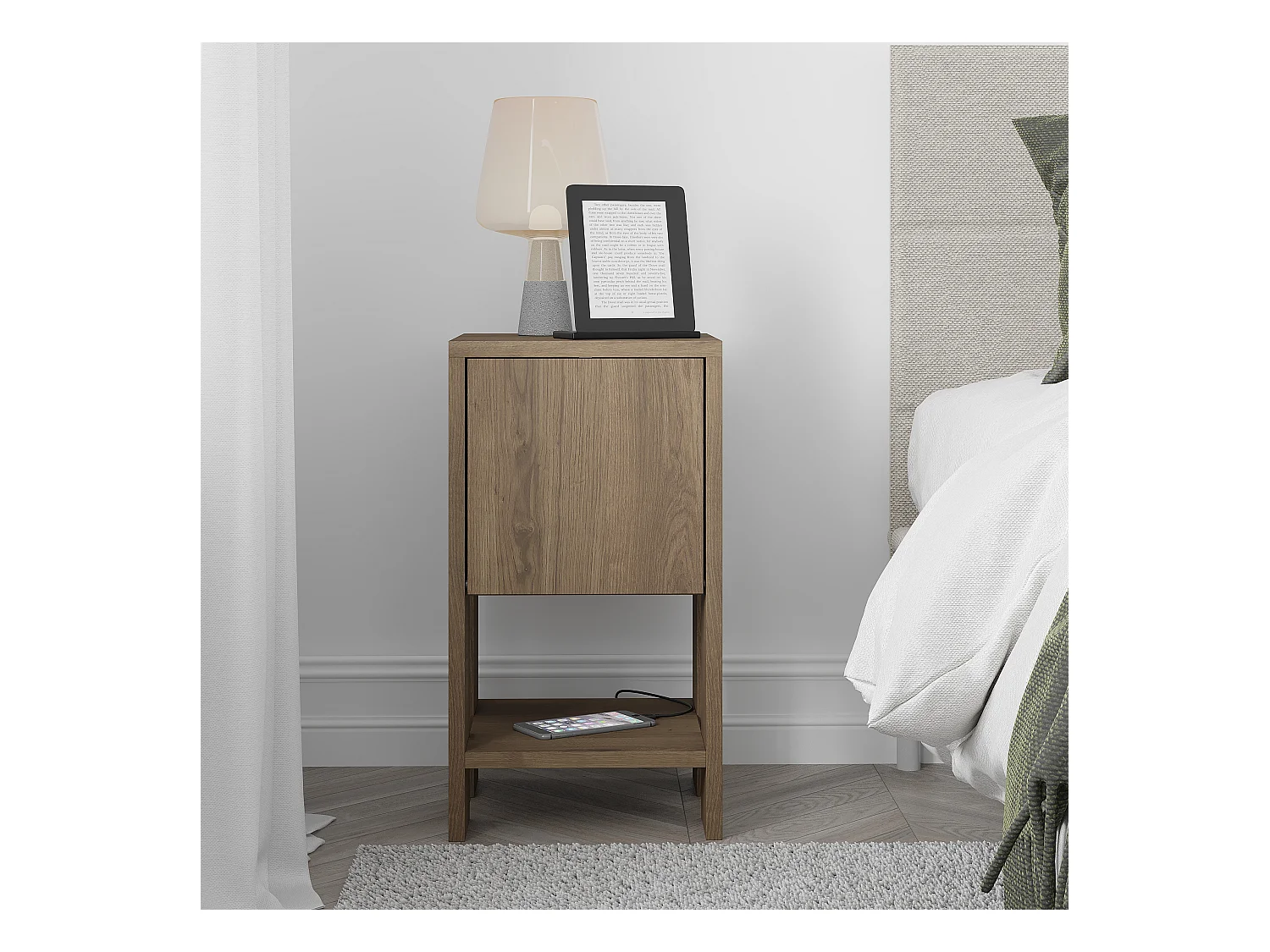 Decortie Ema Table de chevet moderne avec rangement Armoire à portes abattantes Effet chêne foncé Largeur 30cm