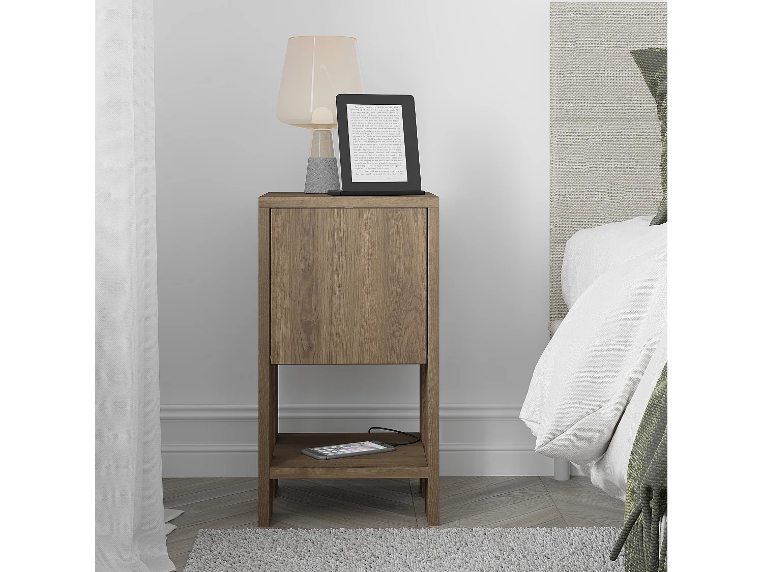 Decortie Ema Table de chevet moderne avec rangement Armoire à portes abattantes Effet chêne foncé Largeur 30cm