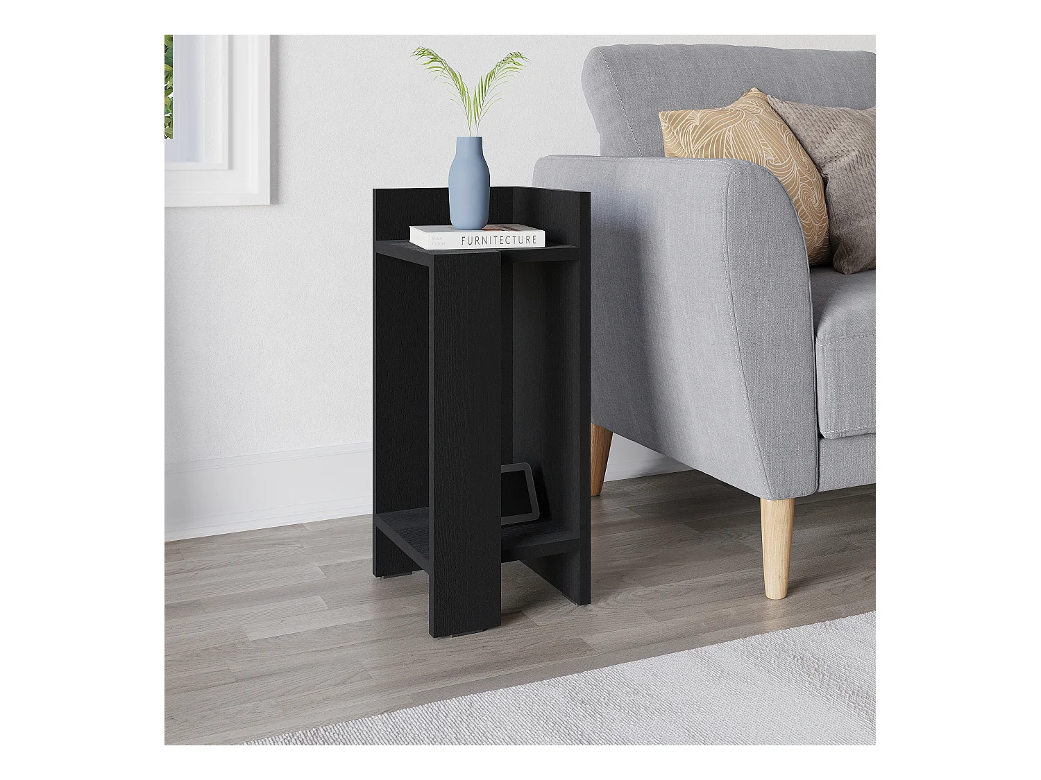 Decortie Elos Table de chevet moderne étroite à module droit en bois noir 25x25x60cm