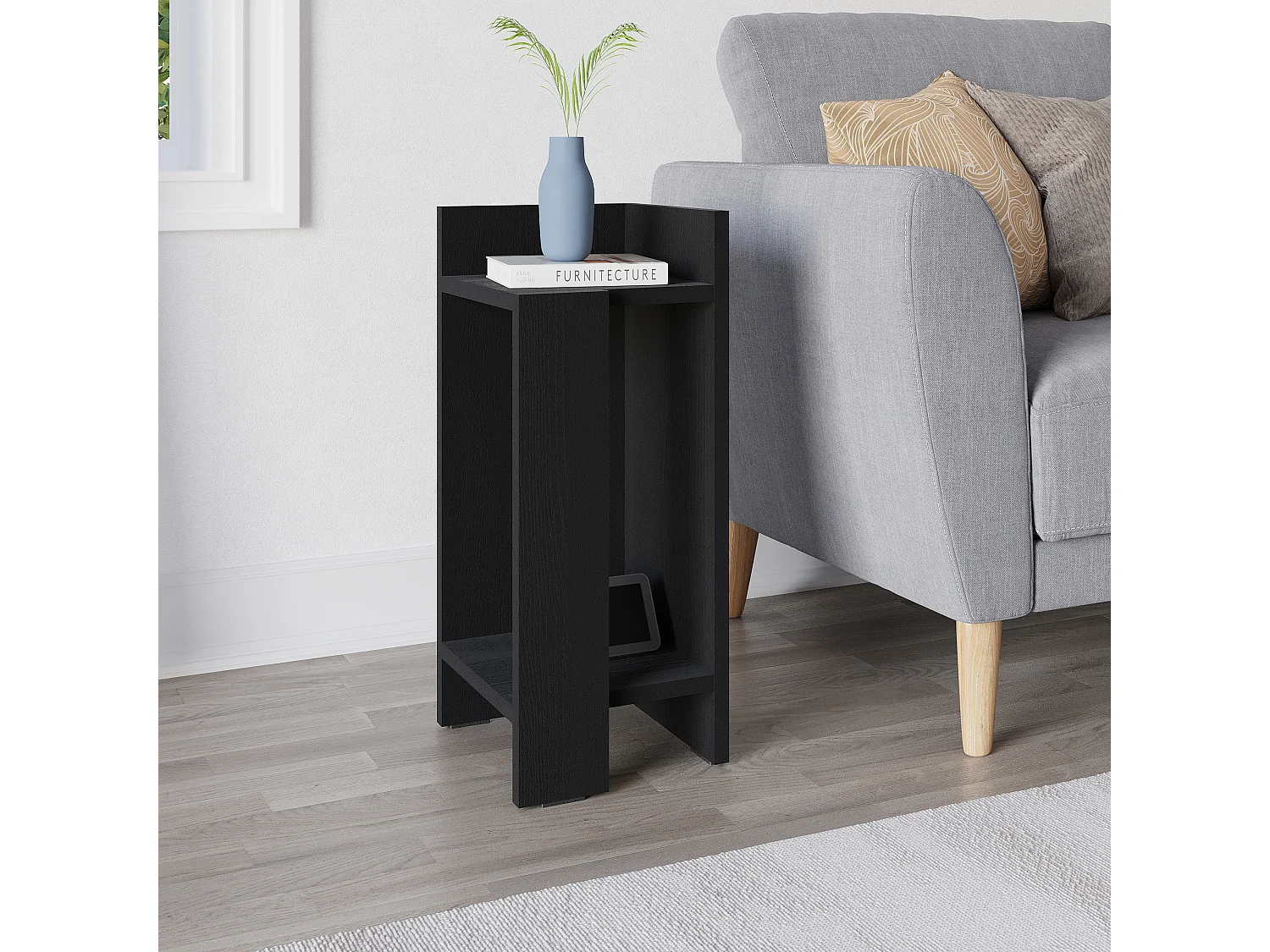 Decortie Elos Table de chevet moderne étroite à module droit en bois noir 25x25x60cm