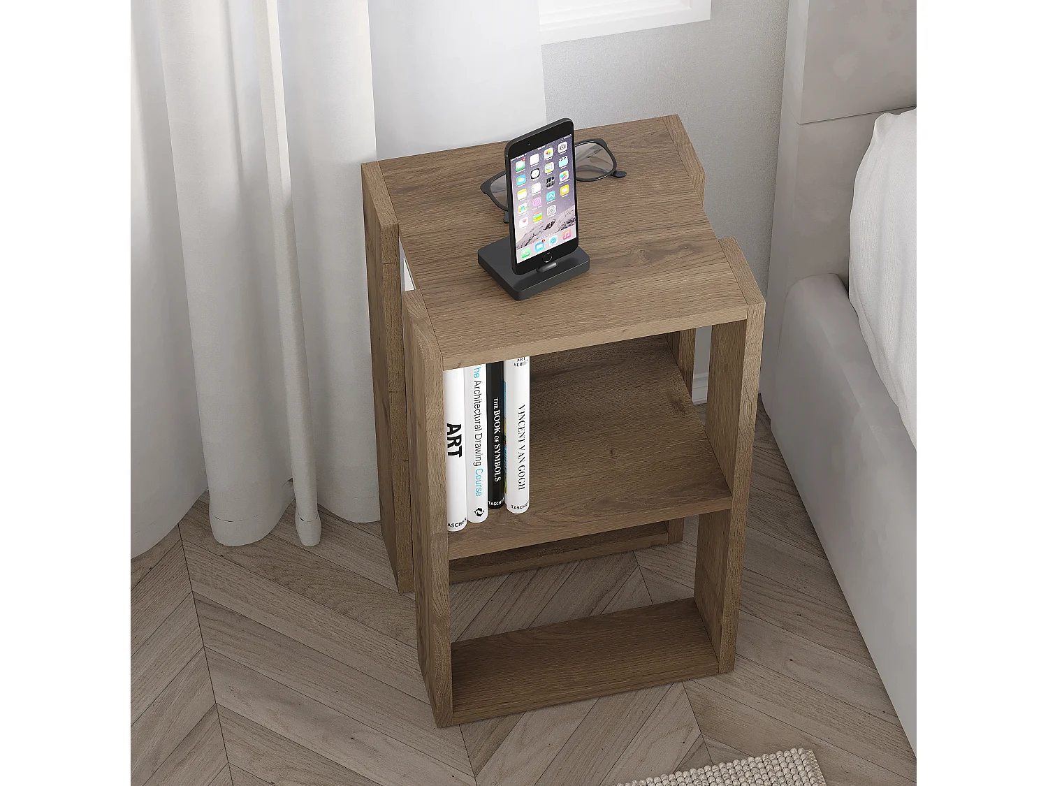 Decortie Lonie Table de chevet moderne Table de nuit avec rangement Effet chêne foncé Largeur 34cm