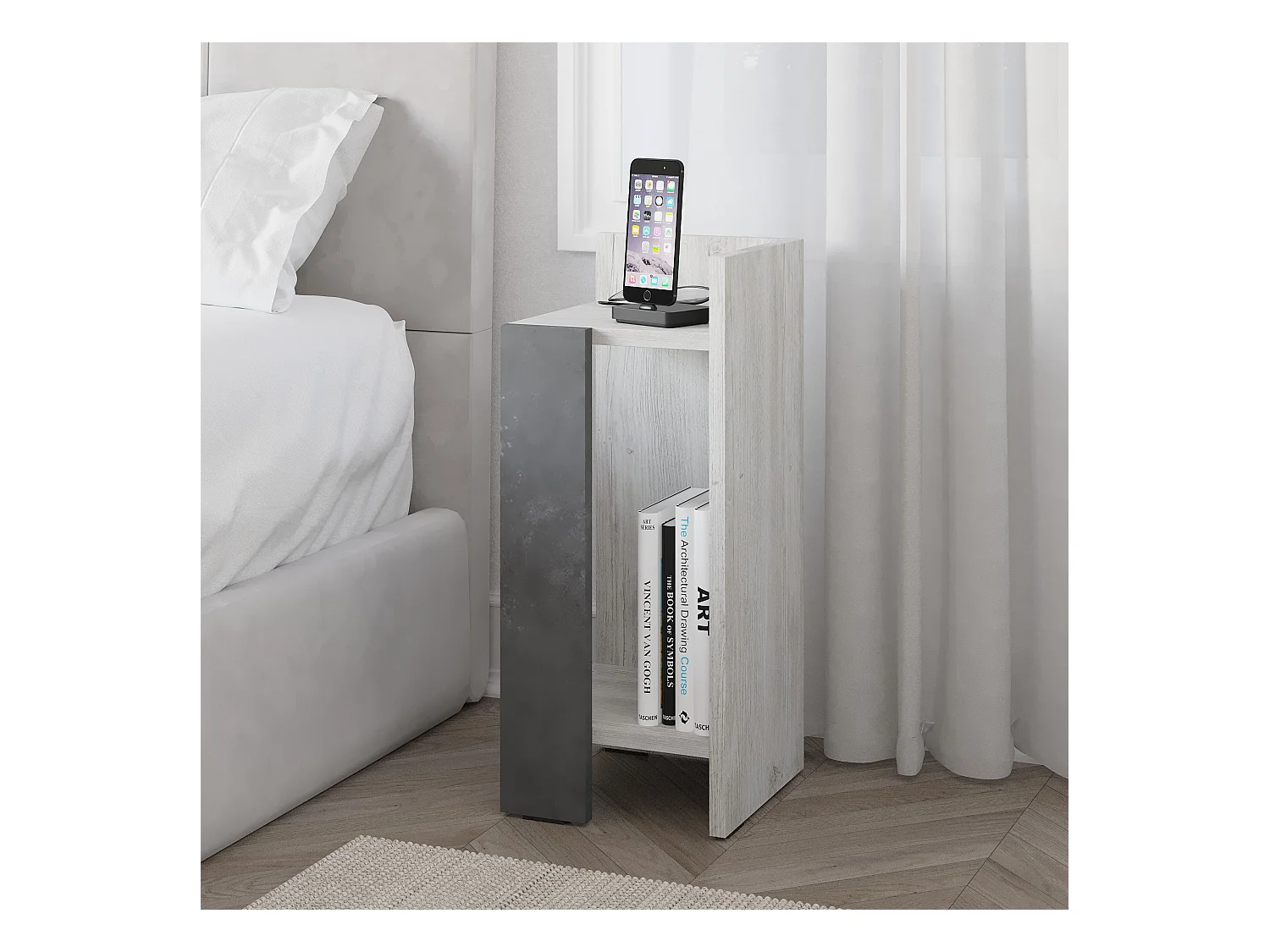 Decortie Elos Table de chevet étroite moderne Module droit Ancien Blanc Rétro Gris 25x25x60cm