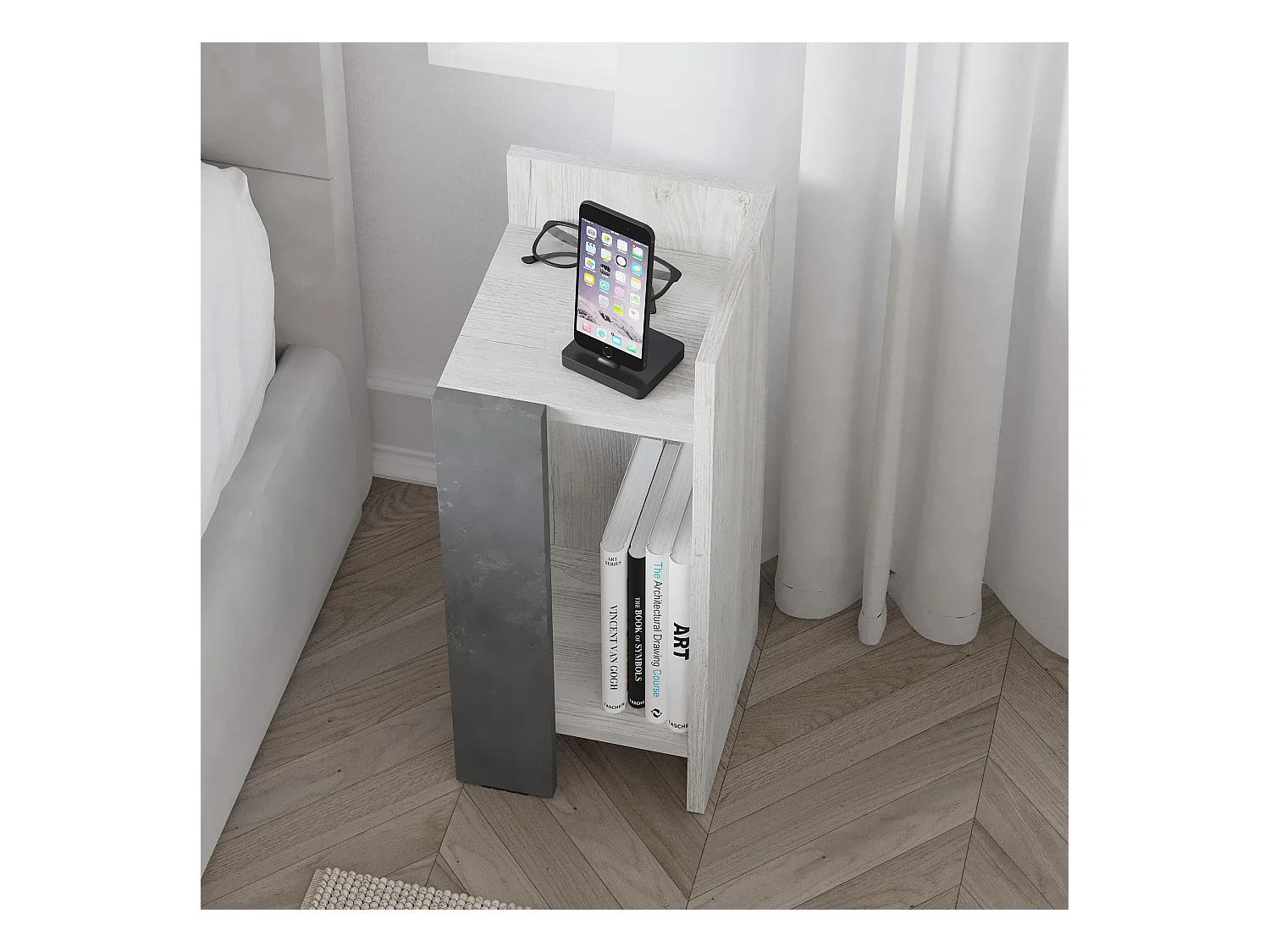 Decortie Elos Table de chevet étroite moderne Module droit Ancien Blanc Rétro Gris 25x25x60cm