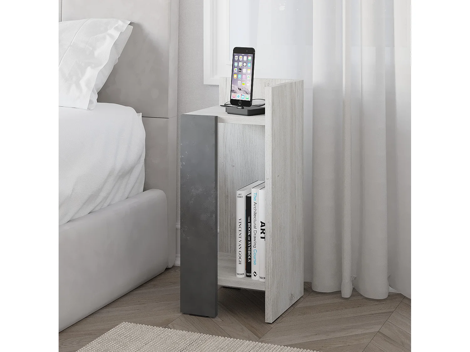 Decortie Elos Table de chevet étroite moderne Module droit Ancien Blanc Rétro Gris 25x25x60cm