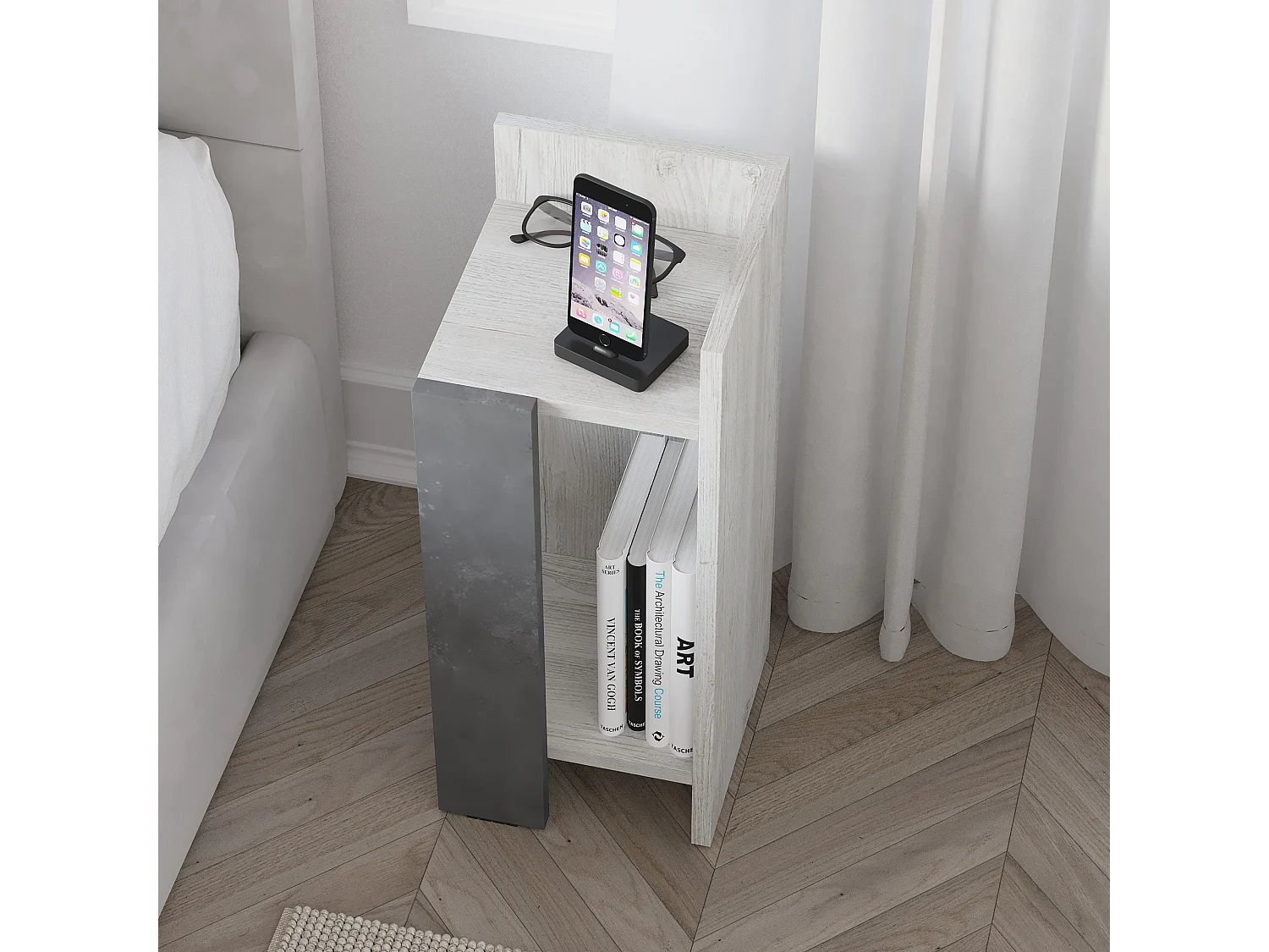 Decortie Elos Table de chevet étroite moderne Module droit Ancien Blanc Rétro Gris 25x25x60cm