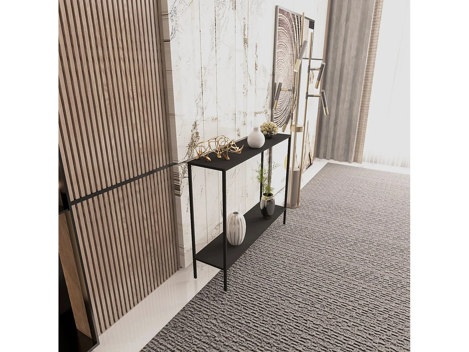 Console style minimaliste Ondas L83cm Bois et Métal Noir