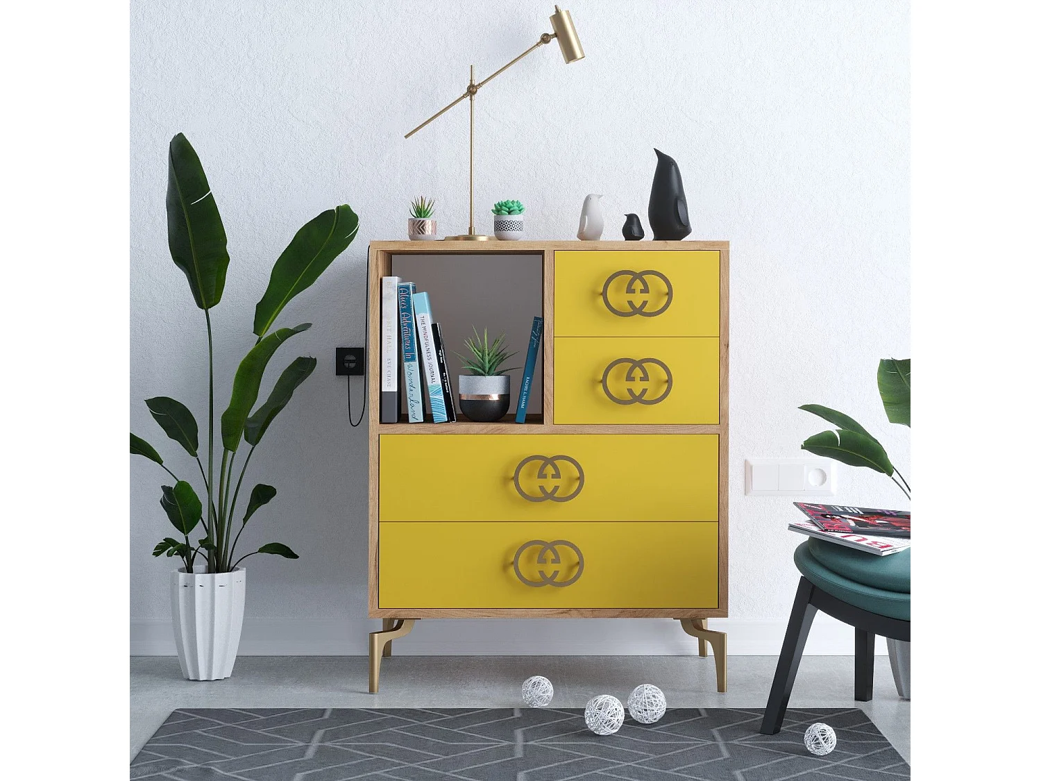 Console design Elina L70cm 4 tiroirs Bois Jaune et Métal Or