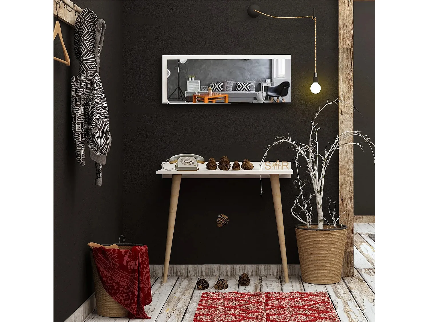 Console avec miroir style scandinave Osebo Bois Blanc et Chêne clair