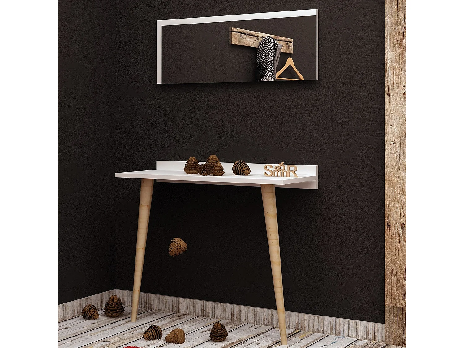 Console avec miroir style scandinave Osebo Bois Blanc et Chêne clair