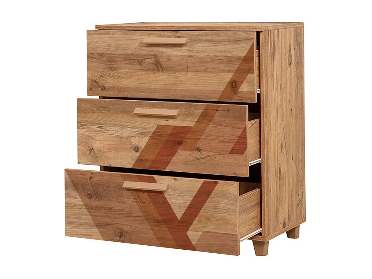 Commode 3 tiroirs Perth L80xH95cm Bois Motif Géométrique Nuance du Marron