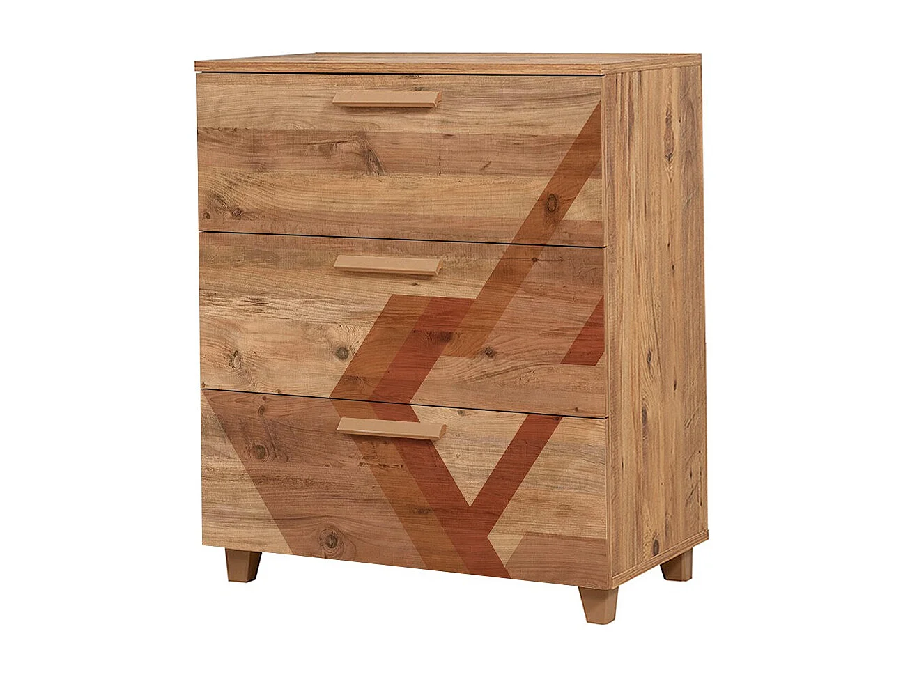 Commode 3 tiroirs Perth L80xH95cm Bois Motif Géométrique Nuance du Marron