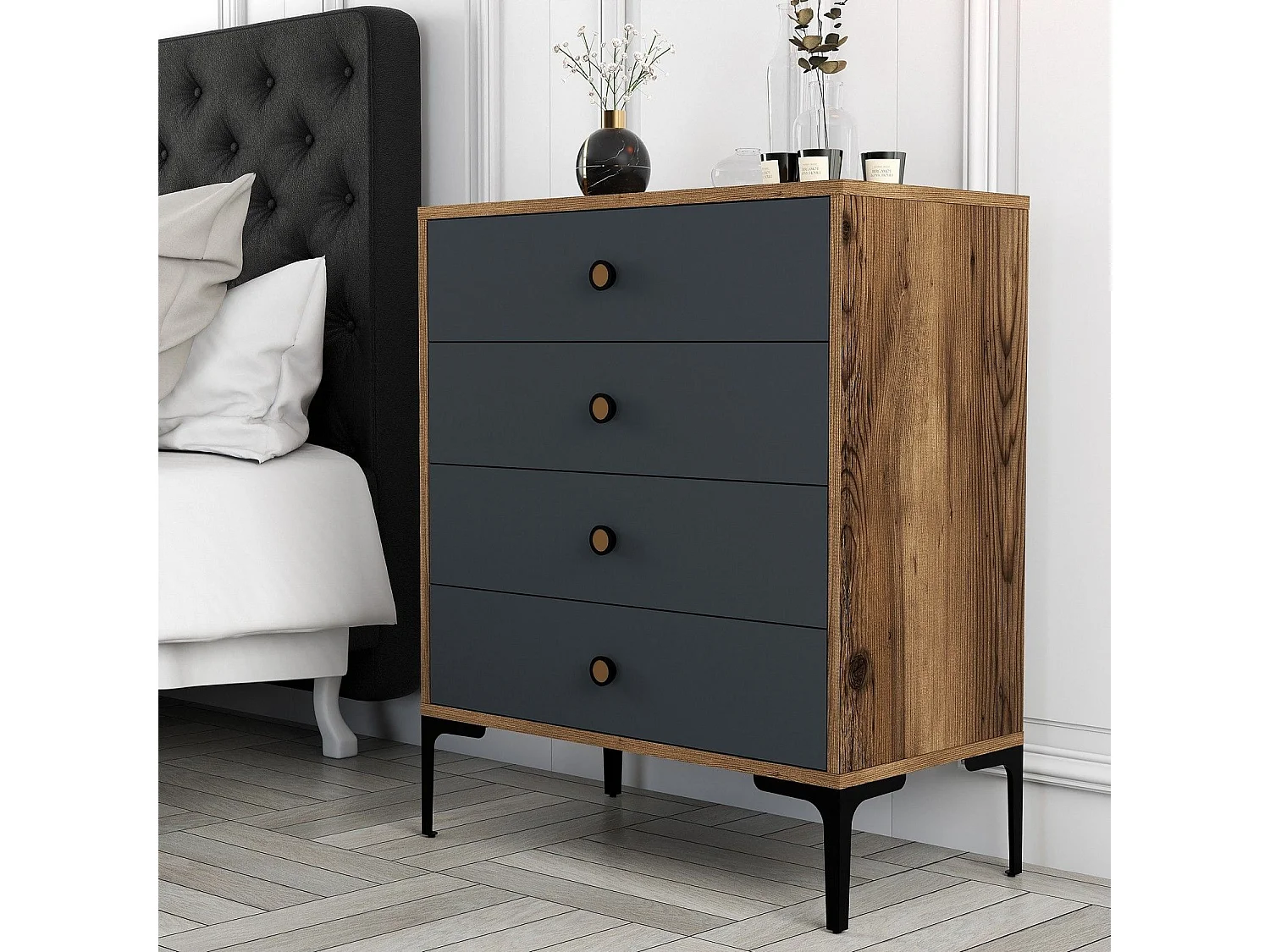 Commode 4 tiroirs Secondo H90,7cm Bois et Anthracite