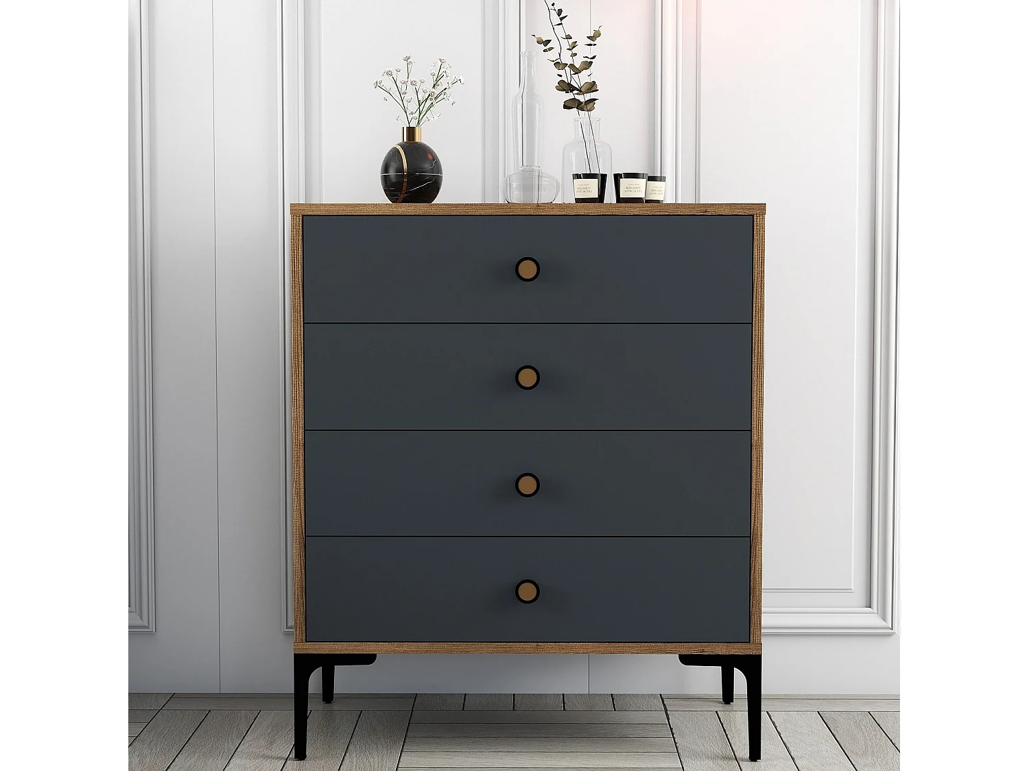 Commode 4 tiroirs Secondo H90,7cm Bois et Anthracite