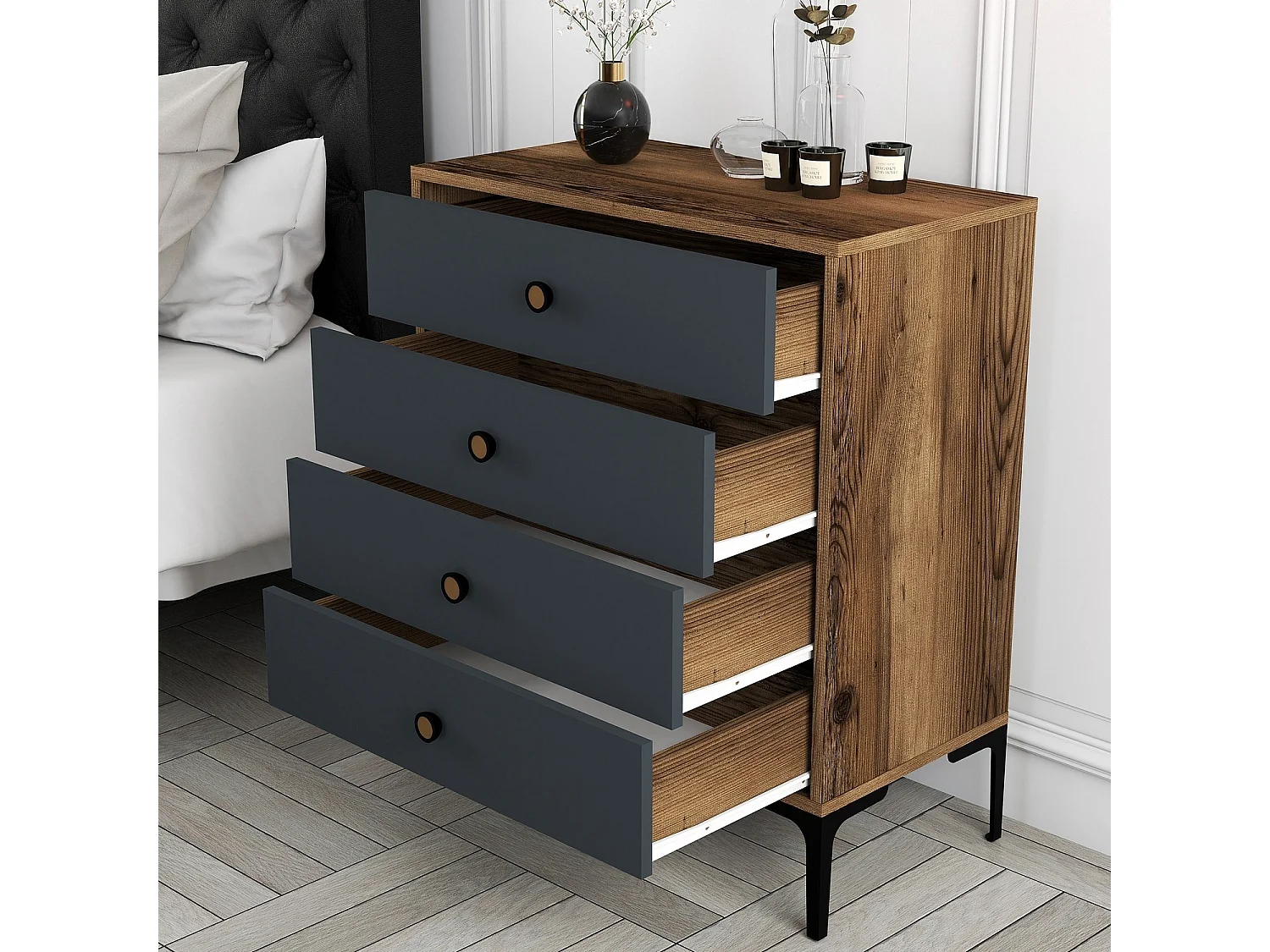 Commode 4 tiroirs Secondo H90,7cm Bois et Anthracite