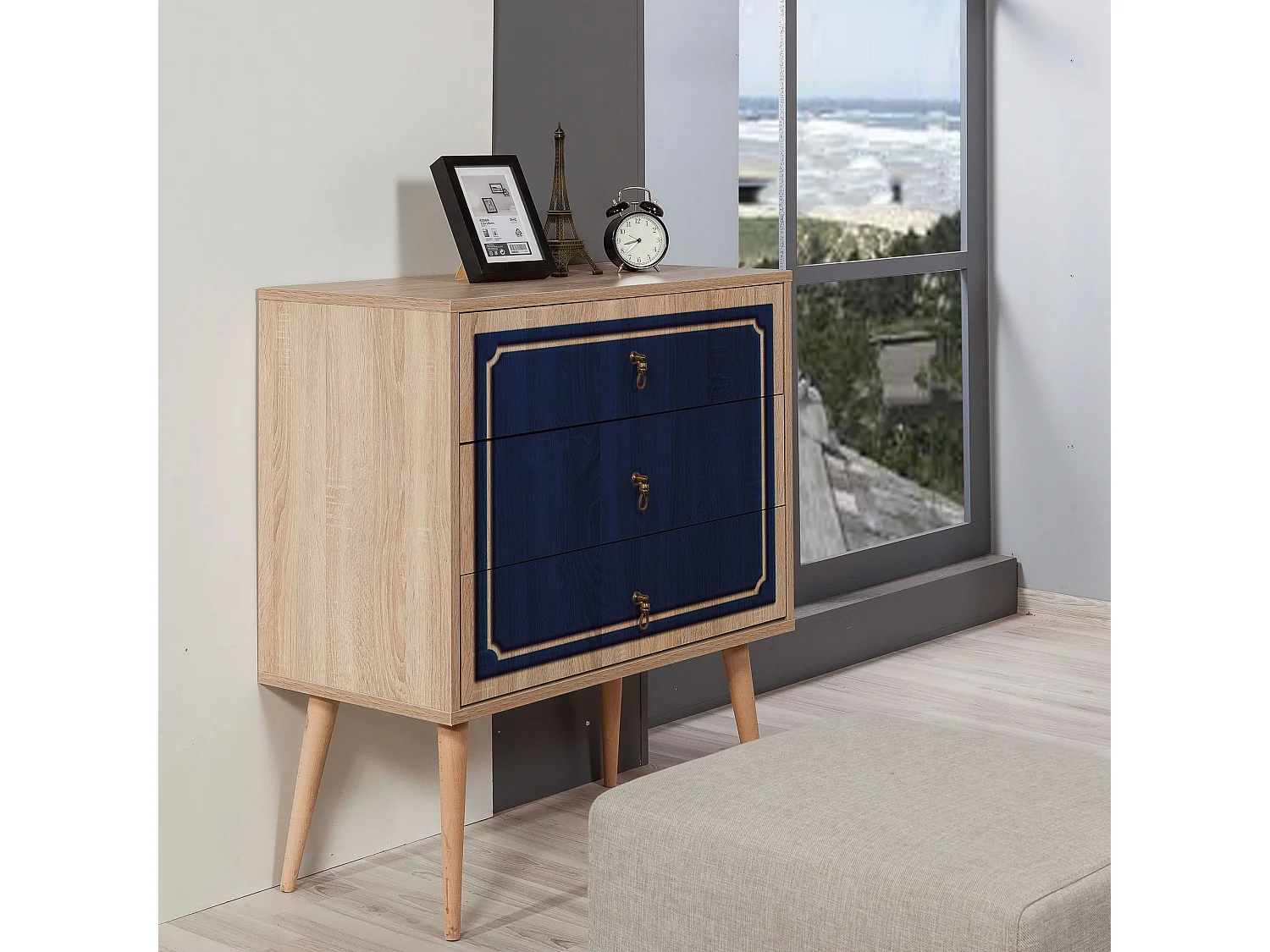 Commode Irnilo L80cm Bois clair et Bleu marine