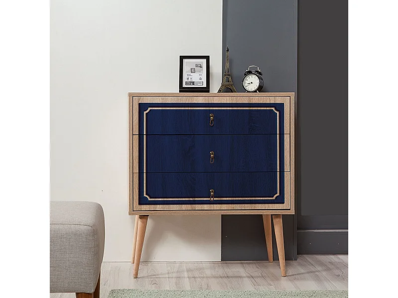 Commode Irnilo L80cm Bois clair et Bleu marine