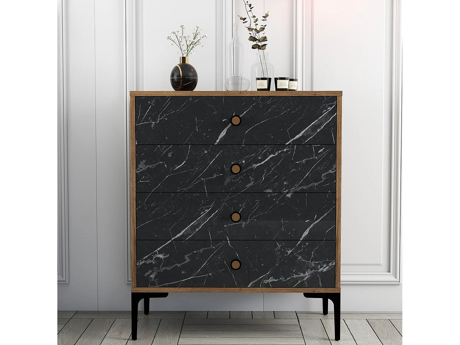 Commode 4 tiroirs Tullio H90,7cm Bois et Noir Effet mabre