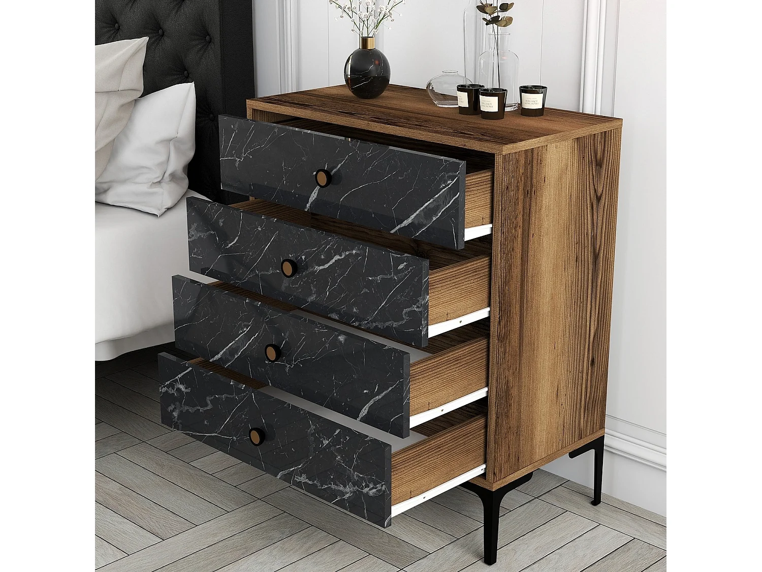 Commode 4 tiroirs Tullio H90,7cm Bois et Noir Effet mabre